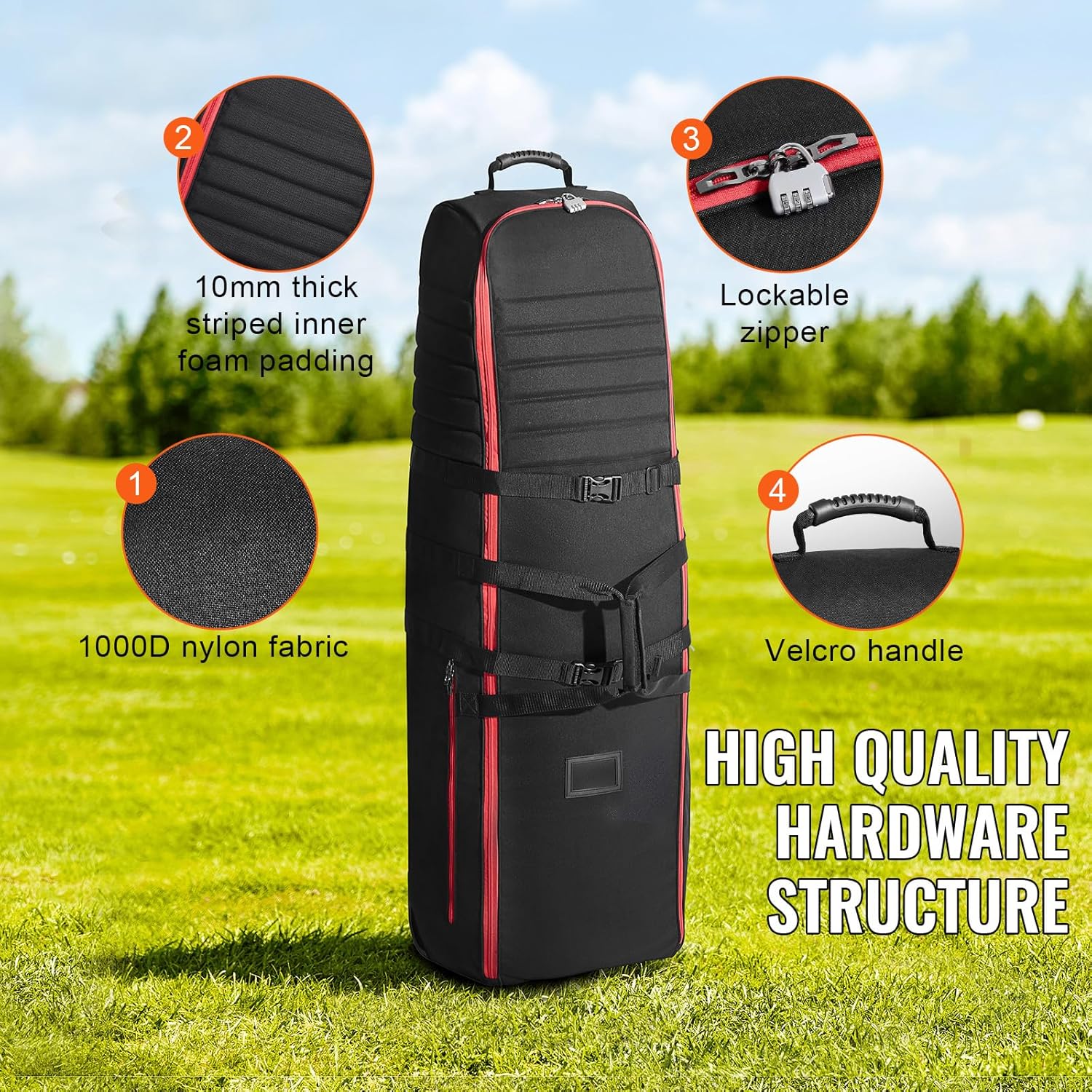 Happybuy Golf Travel Bag, Soft-Sided Outdoor Golf Case, 1000D Nylon, Wear-Resistant, Padded Luggage Cover with Wheels, Foldable Golf Club Storage Bag for Airline Travel