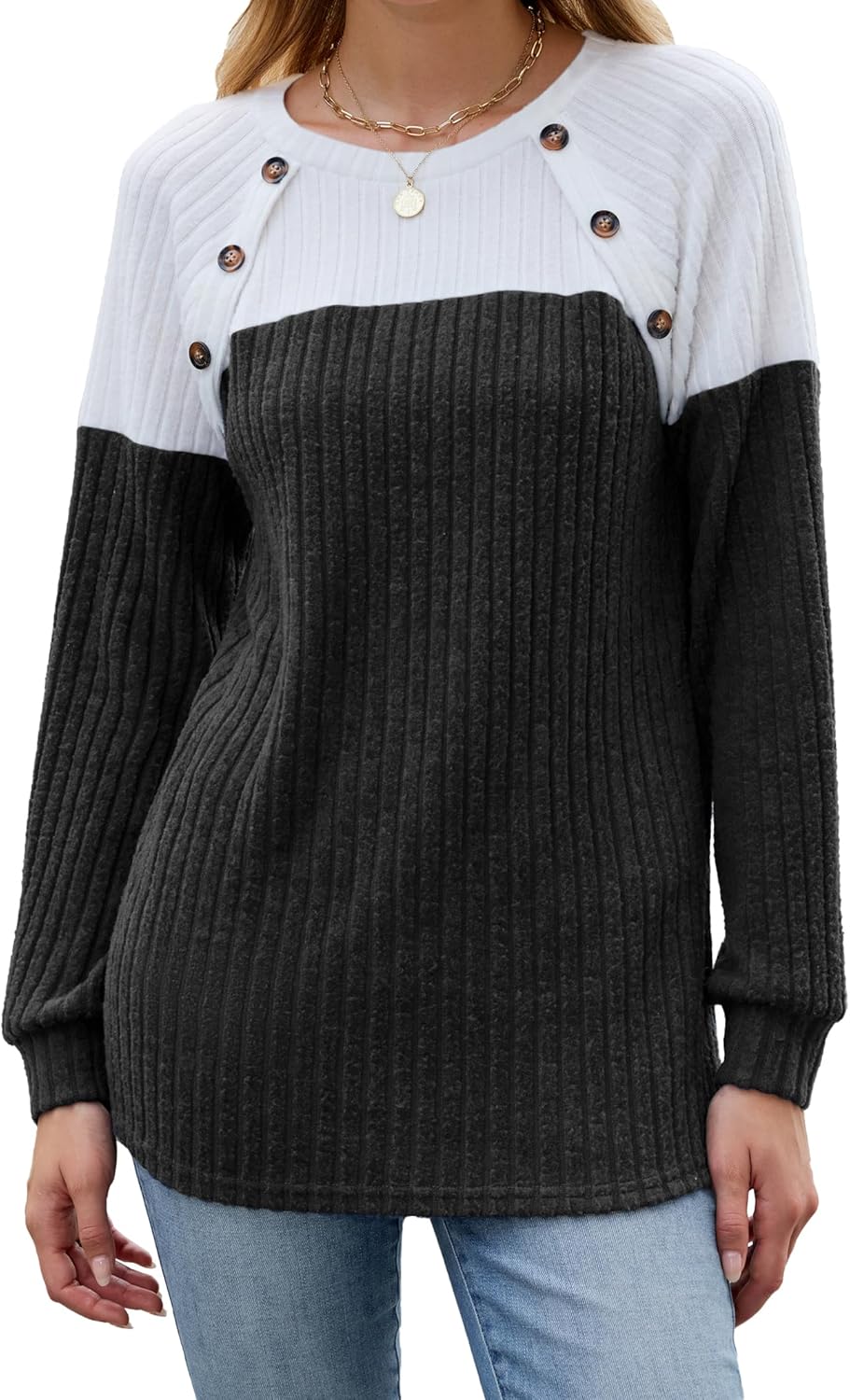 Famulily Womens Ribbed Knit Long Sleeve Crew Neck Sweatshirts Casual Colorblock Button Detail Tunic Tops