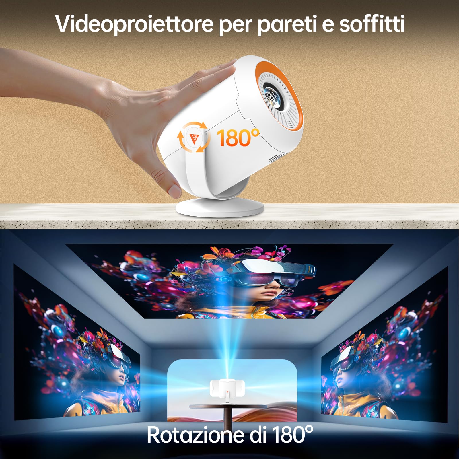 Proiettore con WiFi 6 e Bluetooth 5.4 Mini Proiettore Portatile Correzione trapezoidale automatica e Fuoco Elettrica 180° Rotation, 20.000 lumen, 1080P compatibile 4K, per Home Cinema/Outdoor/PS5