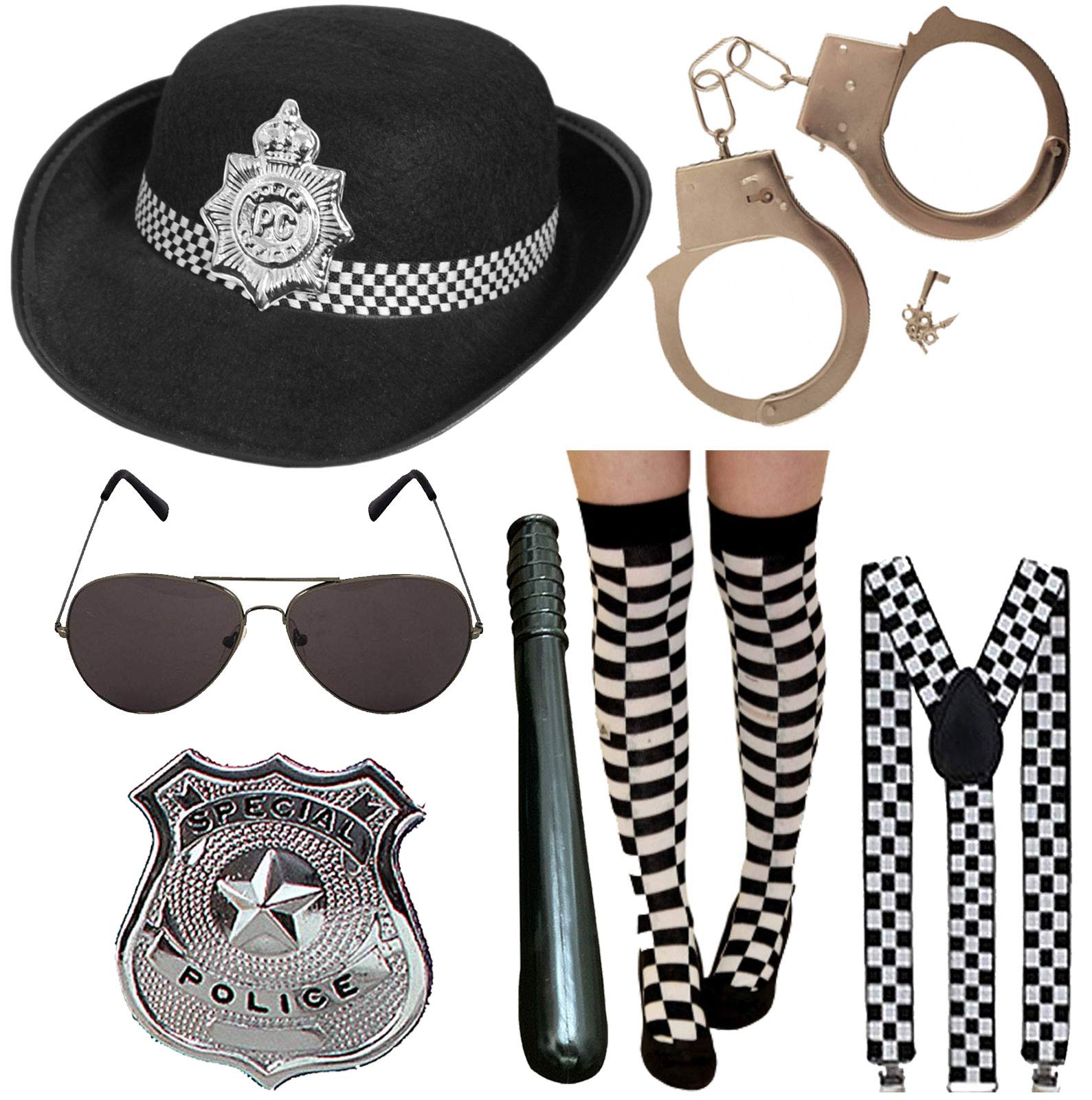 labreeze Ladies Police Cop Hat Braces Badge Truncheon Sunglasses Cuffs Socks 5 Pcs Set