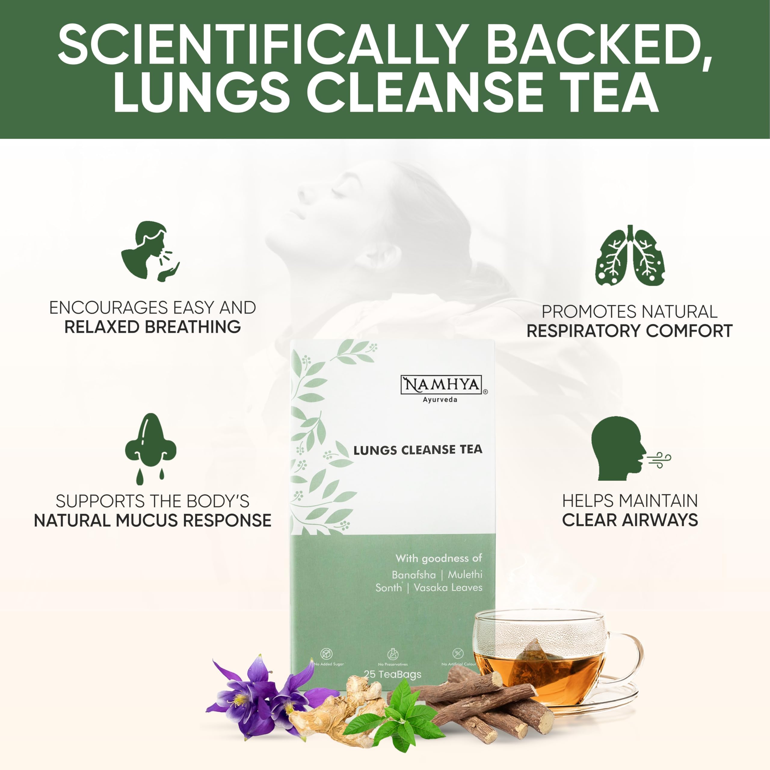 Namhya - Lungs Cleanse Herbal Tea - 100g (50 Cups) - Eases Congestion, Supports Breathing, Soothes Throat - Banafsha, Mulethi, Sonth, Vasaka - Natural, No Preservatives - Balances Kapha & Vata - Image 5 thumbnail