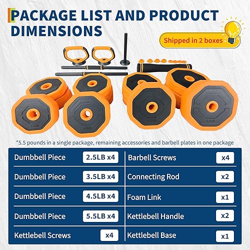 Miniatura 4 de Juego de mancuernas ajustables, 446688 libras, pesas 4 en 1 para gimnasio en casa con conector como mancuerna, pesas rusas, barra para entrenamiento