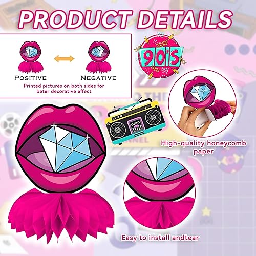 Miniatura 4 de 9 centros de mesa de panal de los años 90, decoraciones de mesa de fiesta de discoteca 3D, decoración de fiesta de cumpleaños temática de regreso a