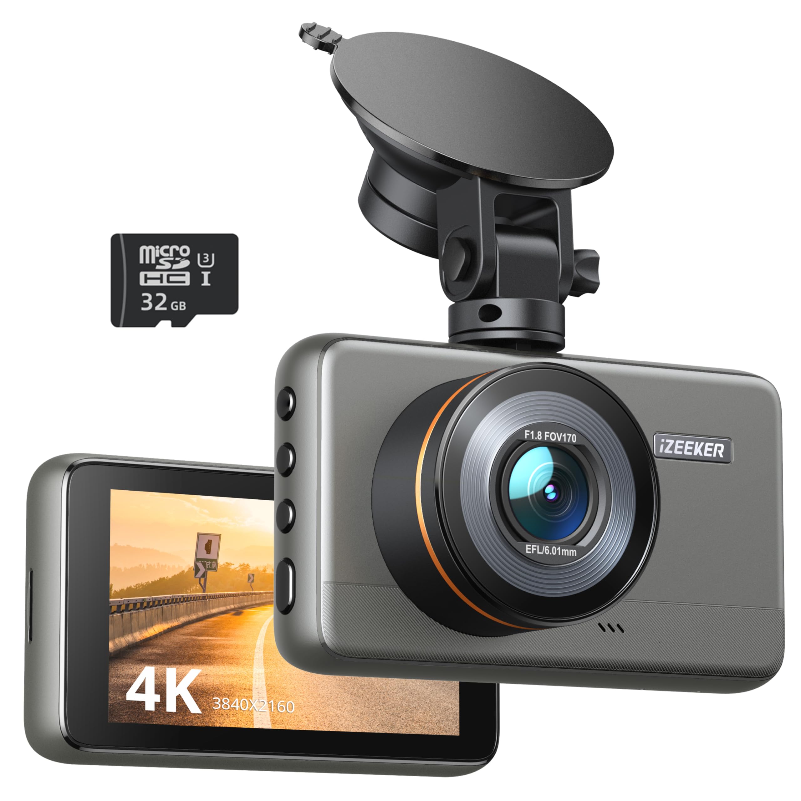 iZEEKER Kamera na deskę rozdzielczą 4K z bezpłatną kartą microSD 32 GB, 2160p kamera na deskę rozdzielczą z zapisem w pętli, czujnik G, funkcja Auto Lock, tryb parkowania, widoczność w nocy, WDR