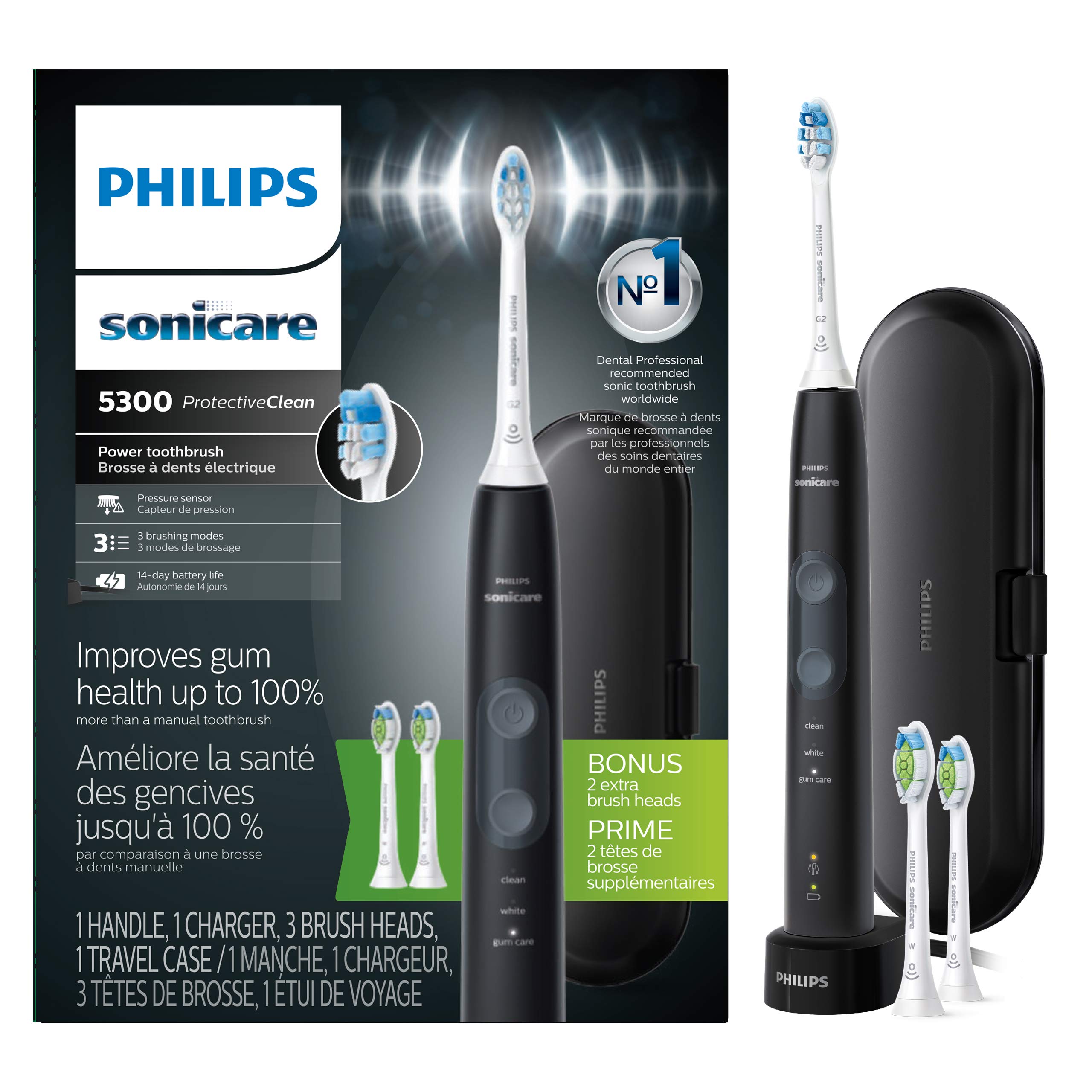 Philips Sonicare ProtectiveClean 5300 Rechargeable Electric Toothbrush, with Pressure Sensor, 3 Cleaning Modes, SmarTimer and QuadPacer, with 2 Bonus Brush Heads, Travel Case, Black, Model HX6423/34Philips Sonicare ProtectiveClean 5300 Rec…