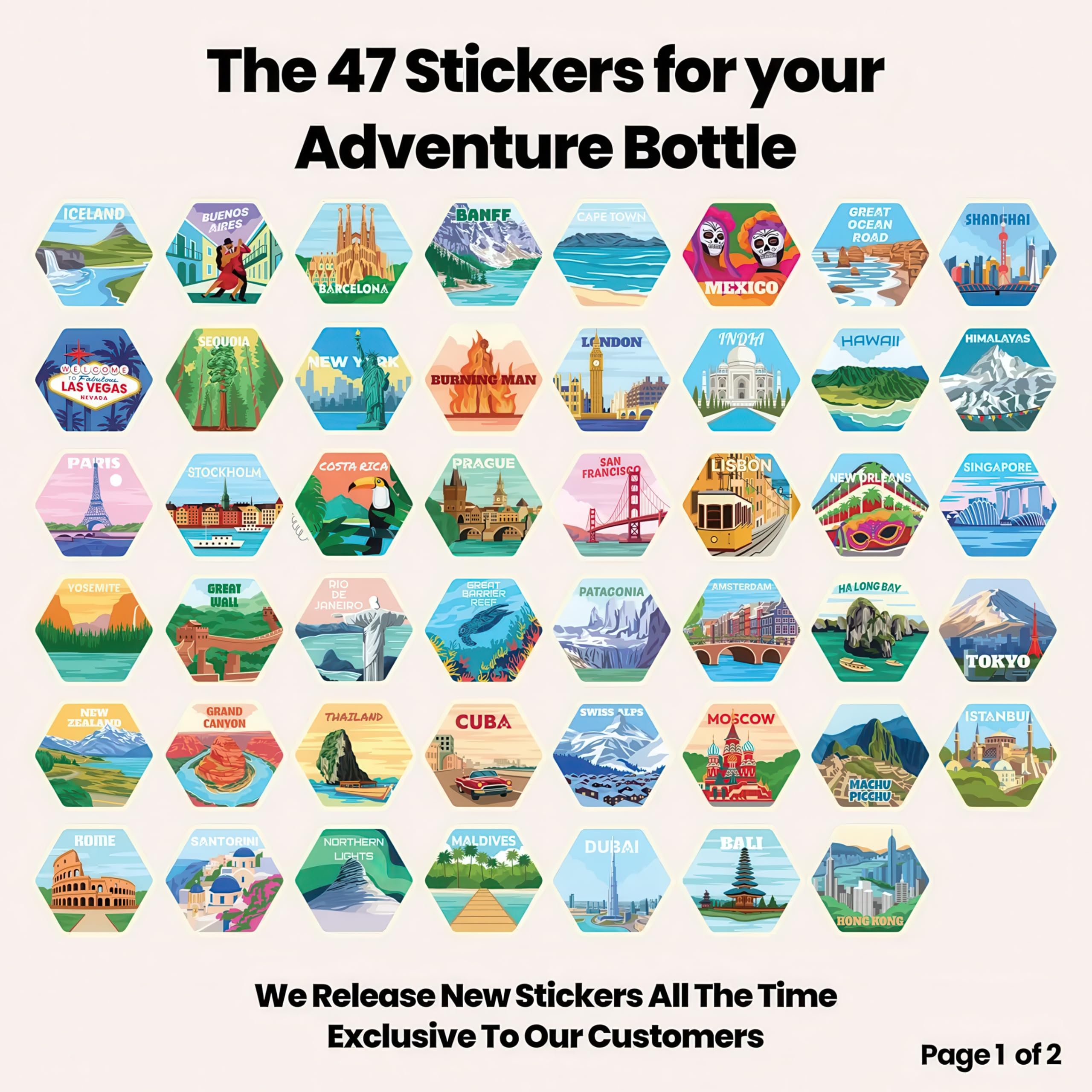 Awesome Maps Adventure Bottle - Personalisierbare Trinkflasche Reise Stickern, 1L Edelstahl, BPA-frei, auslaufsicher - Reise Geschenk für Männer und Frauen