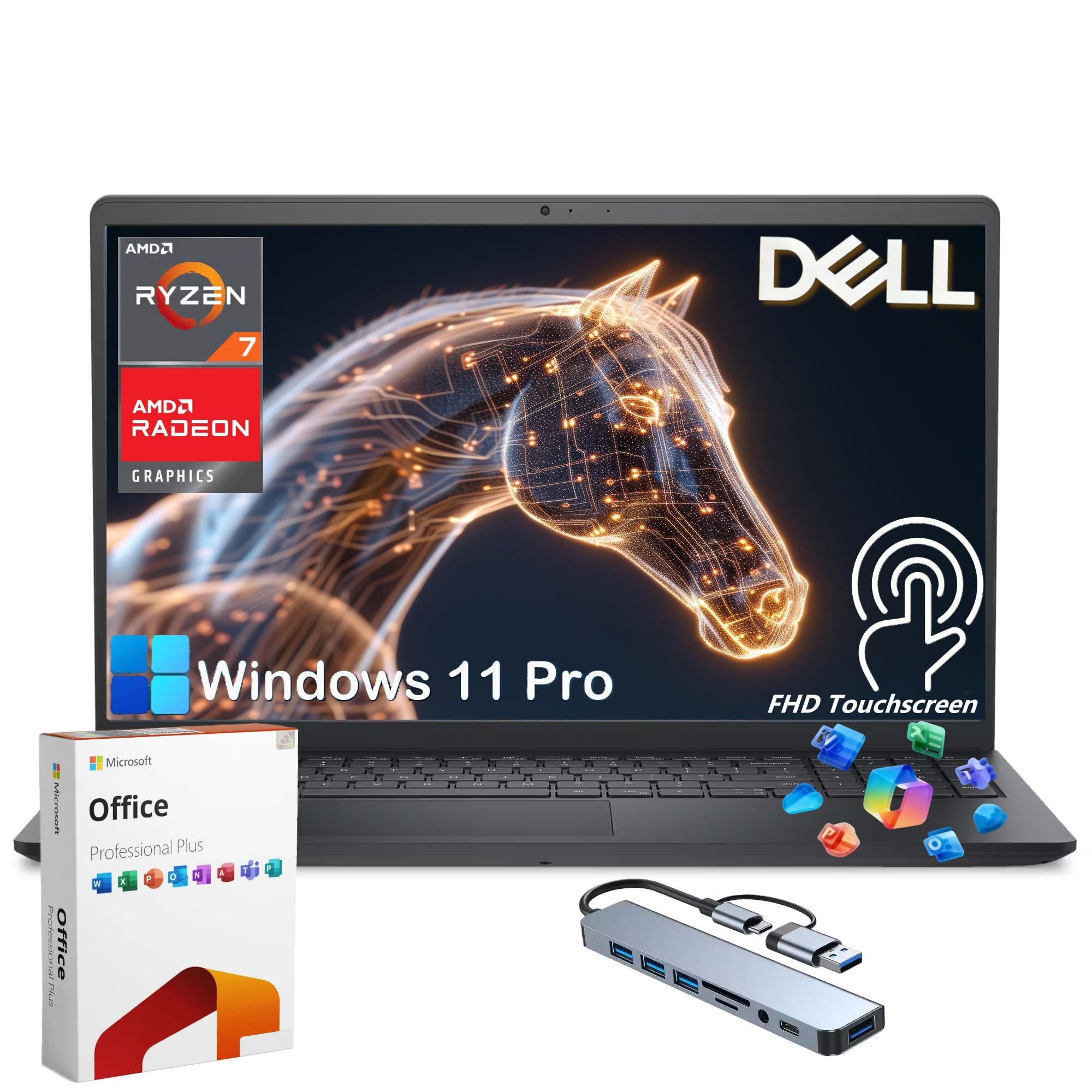 Dell Inspiron 15 Touchscreen Laptop Computer, Windows 11 Pro, Lifetime MS Office, AMD Ryzen 7 7730U, 15.6'' FHD WVA Display, 32GB RAM + 1TB SSD, 8-in-