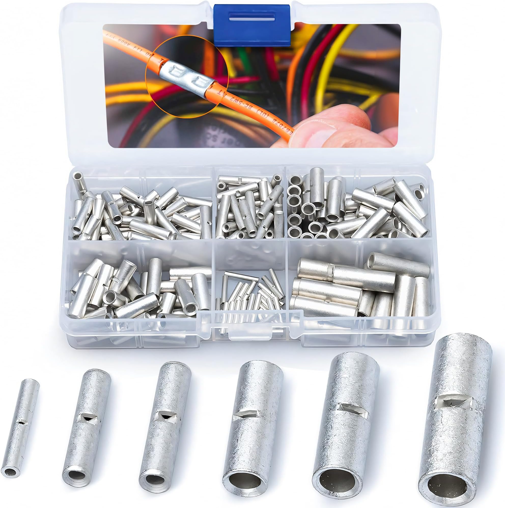 Wirefy 200 PCS Non Insulated Butt Connectors Kit - Butt Splice Wire Connectors - Electrical Crimp Terminals - 24-8 AWG