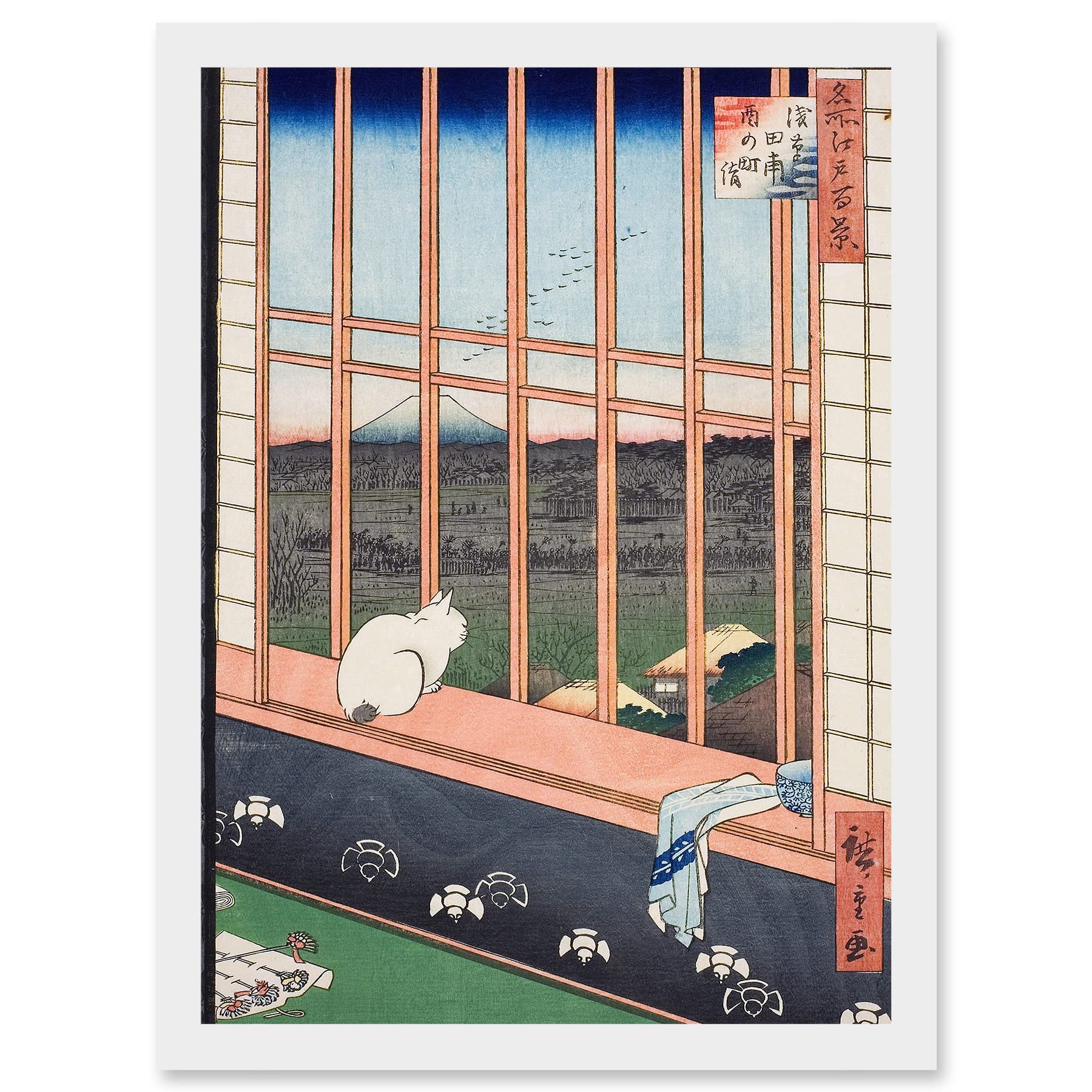 Artery8 Hiroshige Asakusa Fields 100 Views Edo Cat Vintage Japanese Painting Artwork Framed Wall Art Print A4