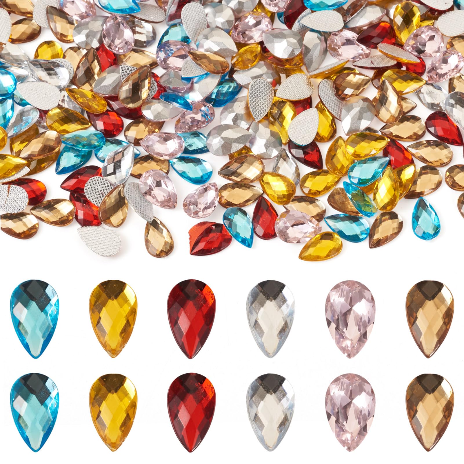 Pandahall 1200Pcs Teardrop Sew On Rhinestones Crystal Rhinestone Flat Back Gems Cabochons 6 Colors Acrylic Drop Shaped Cabochons for Costume Embelishments Jewelry Craft Garment Design