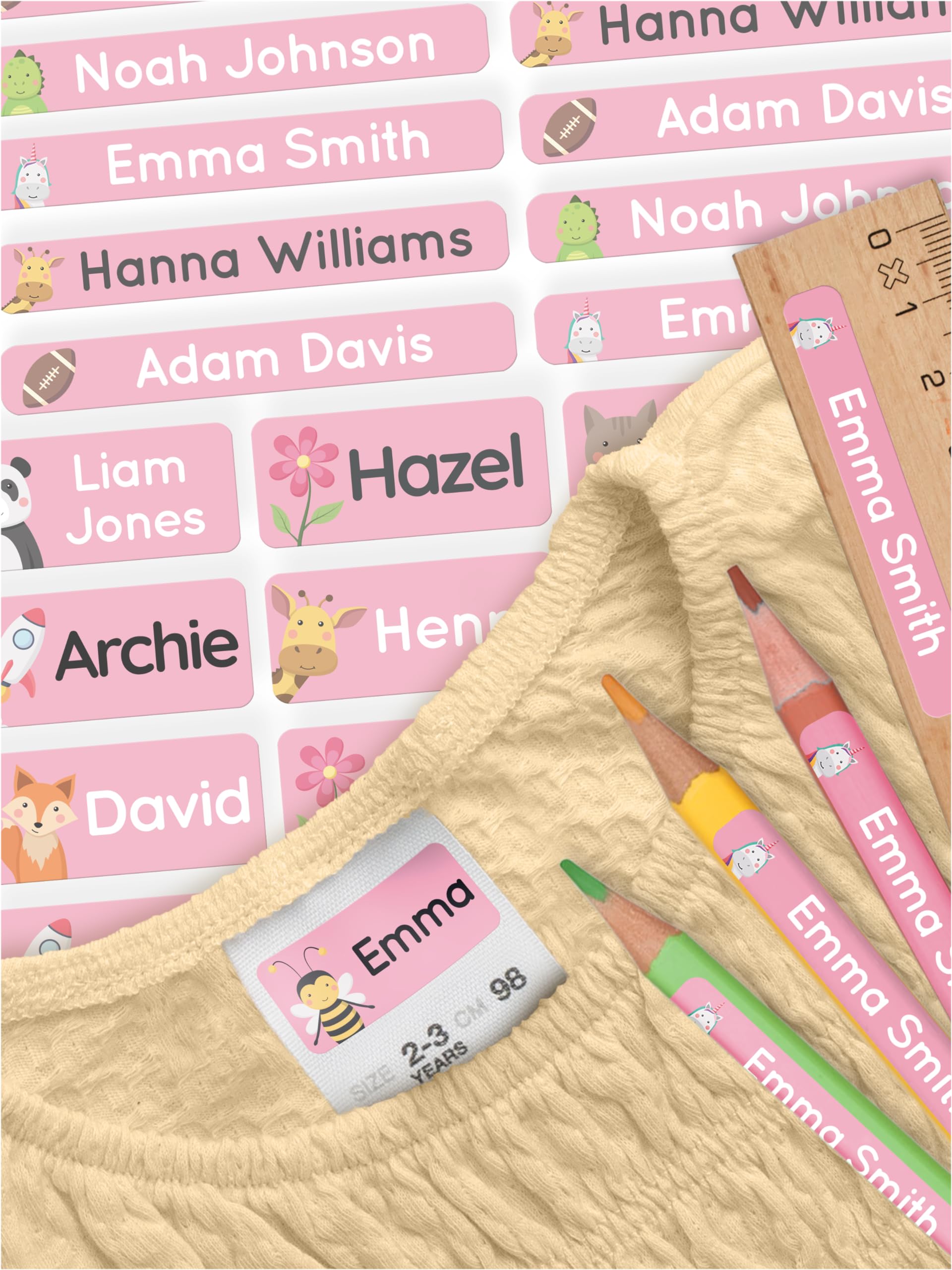 melu kids® Name Labels Set for Clothes & Items (165, Rainbow), Personalised and Washable Kids Name Stickers, Stick on Tags for School Supplies/Uniform