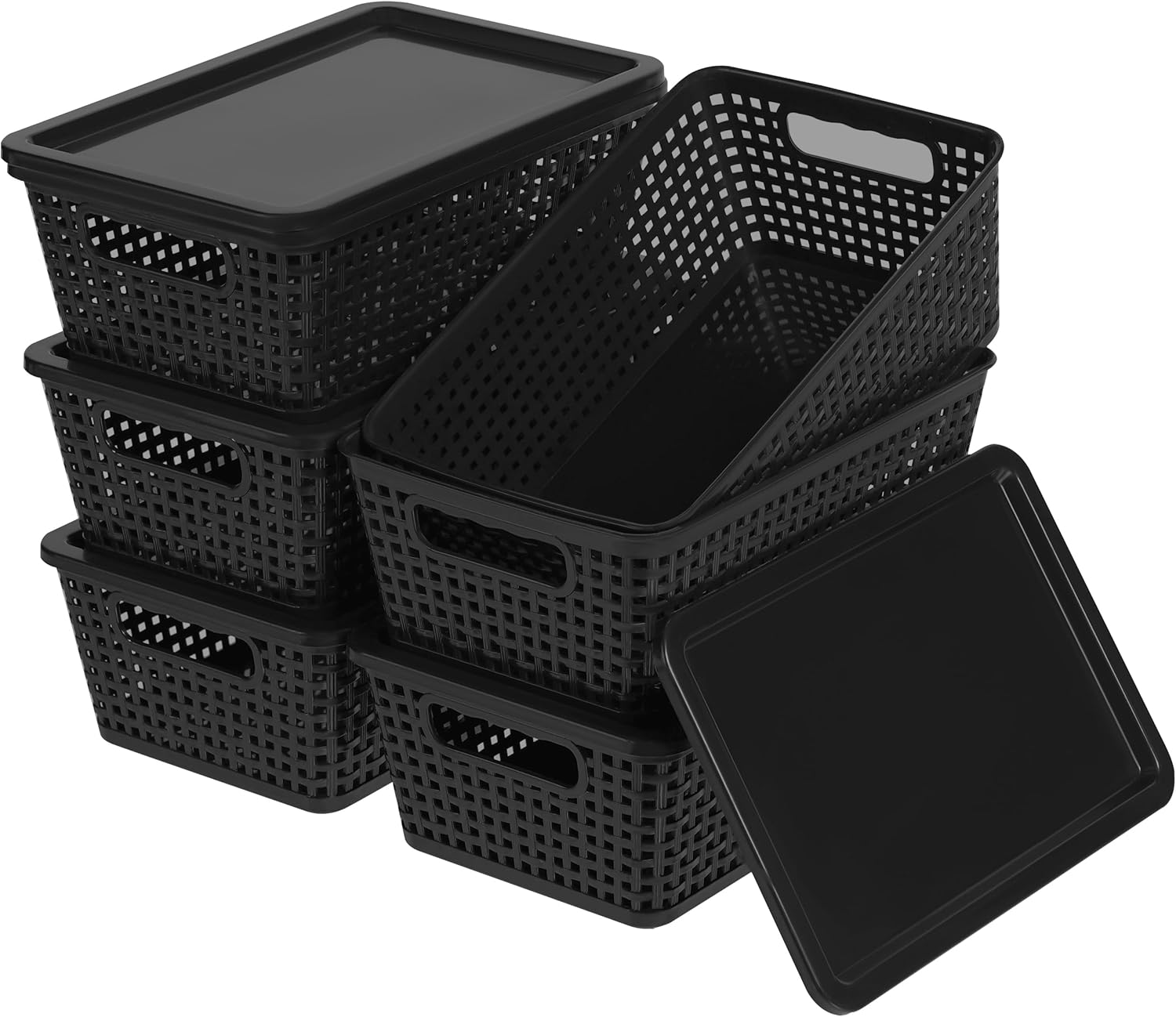Plastic Storage Baskets With Lid, Storage Bins for Organizing, Stackable Decorative Containers for Shelves Drawers Desktop Closet Playroom Classroom Office, 6 Pack-Black 6 Pack Black