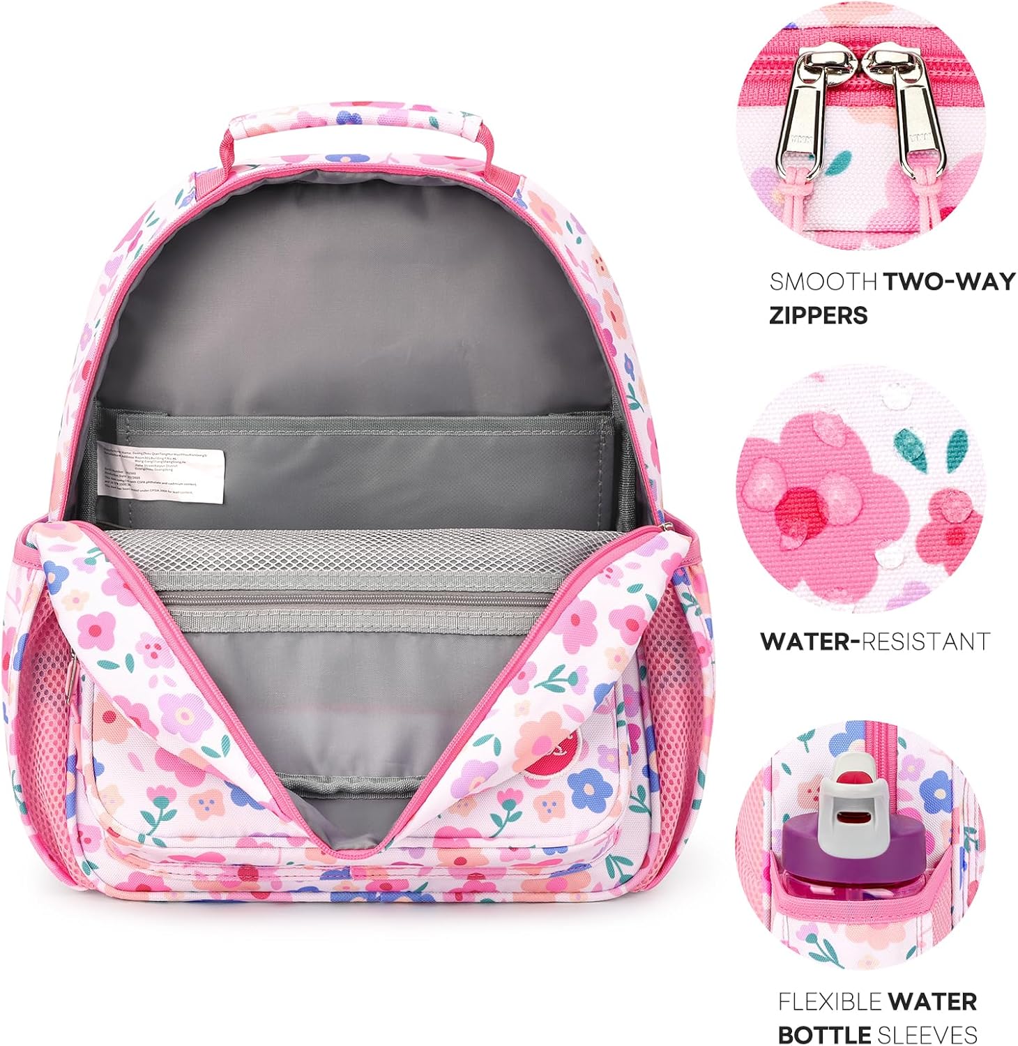 mibasies Kids Backpack for Girls: Girls Backpack 5-8 - Kindergarten Elementary School Bookbag for Girl - Floral Pink - Image 4