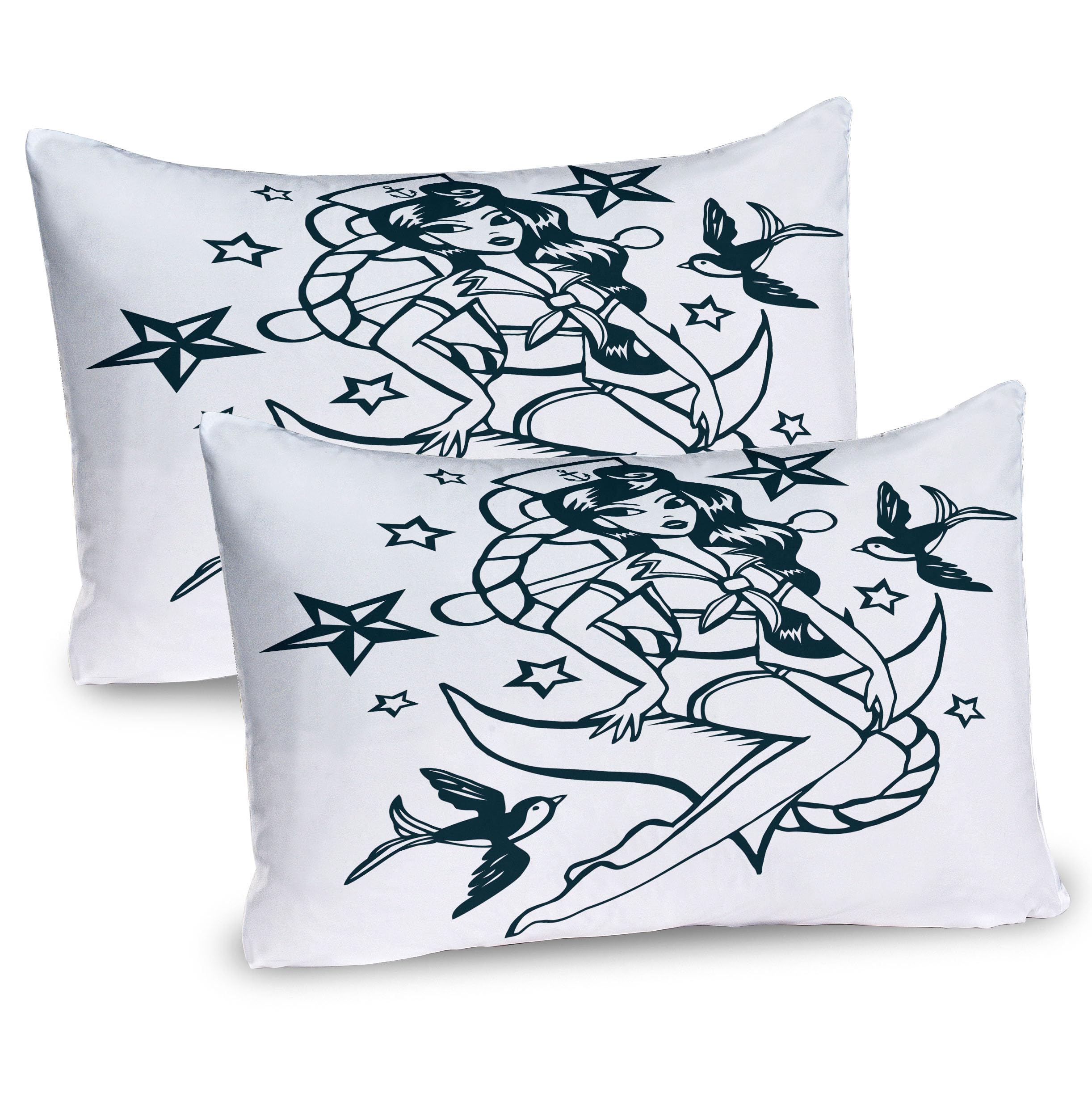 Ambesonne Anchor Pillow Sham Set of 2, Pin-up Girl Nautical Sailor Suit Surrounded by Swallow Birds Stars Hand Drawn, Quality Microfiber Bedding Item for All Seasons, 36