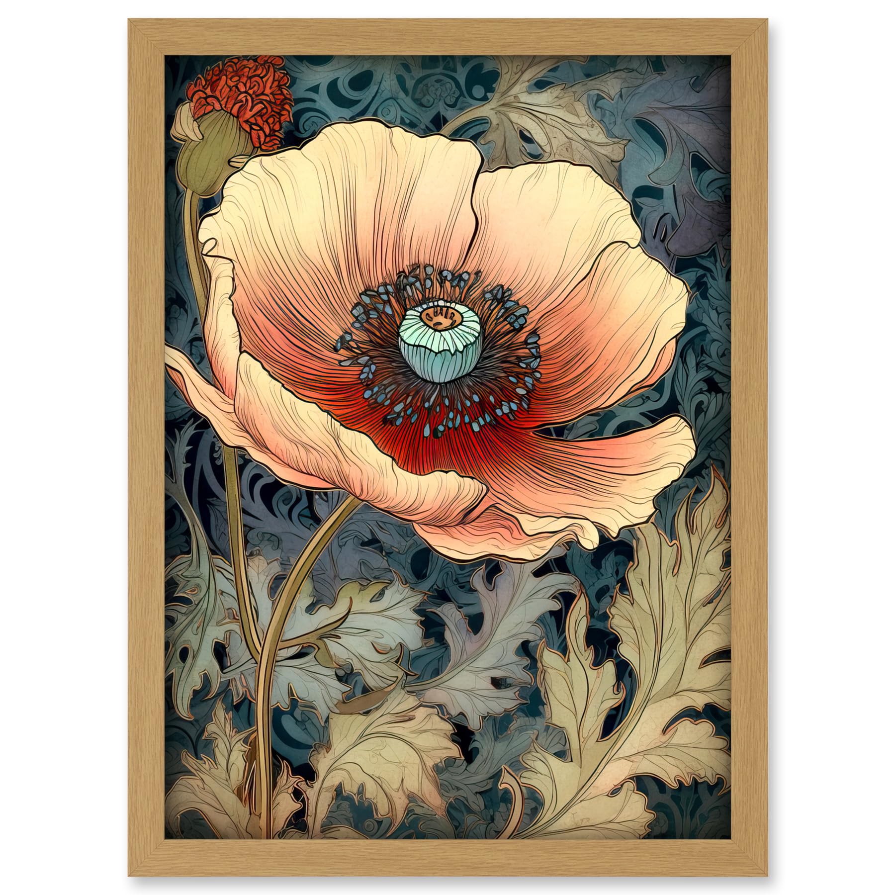 Artery8 William Morris Style Peach Anemone Flower Bloom Artwork Framed A3 Wall Art Print