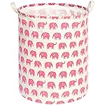 KUNRO Round Laundry Gift Basket Storage Hamper, Clothes Storage Organizer Bins, Shelf Basket with Handles for Room Decor (Pink Elephant)