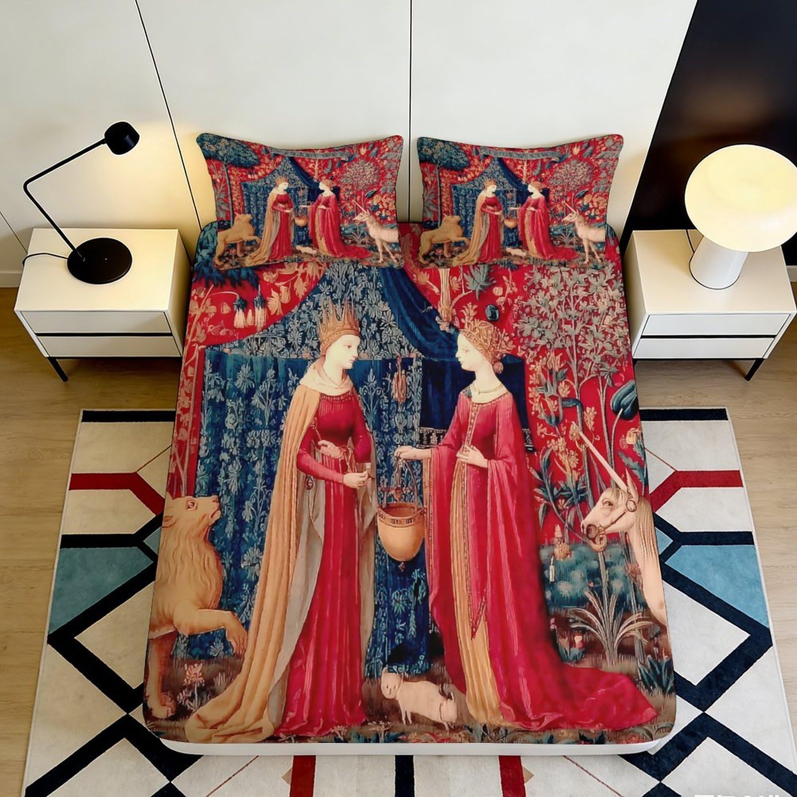 3D Printed Medieval Tapestry Fitted Sheet Microfiber Artistic Lady Unicorn Bed Cover Bedroom Decor Mattress Protection 90x200x25cm