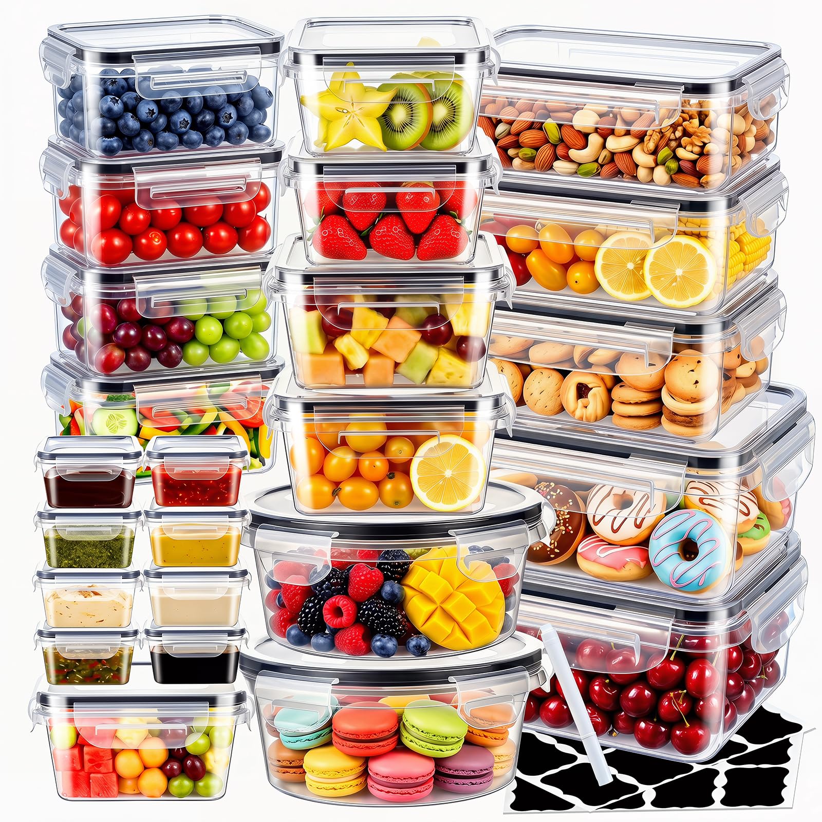 48 recipientes de almacenamiento de alimentos con tapas (24 recipientes y 24 tapas), recipientes de plástico reutilizables para almacenamiento y organización de cocina, recipiente de