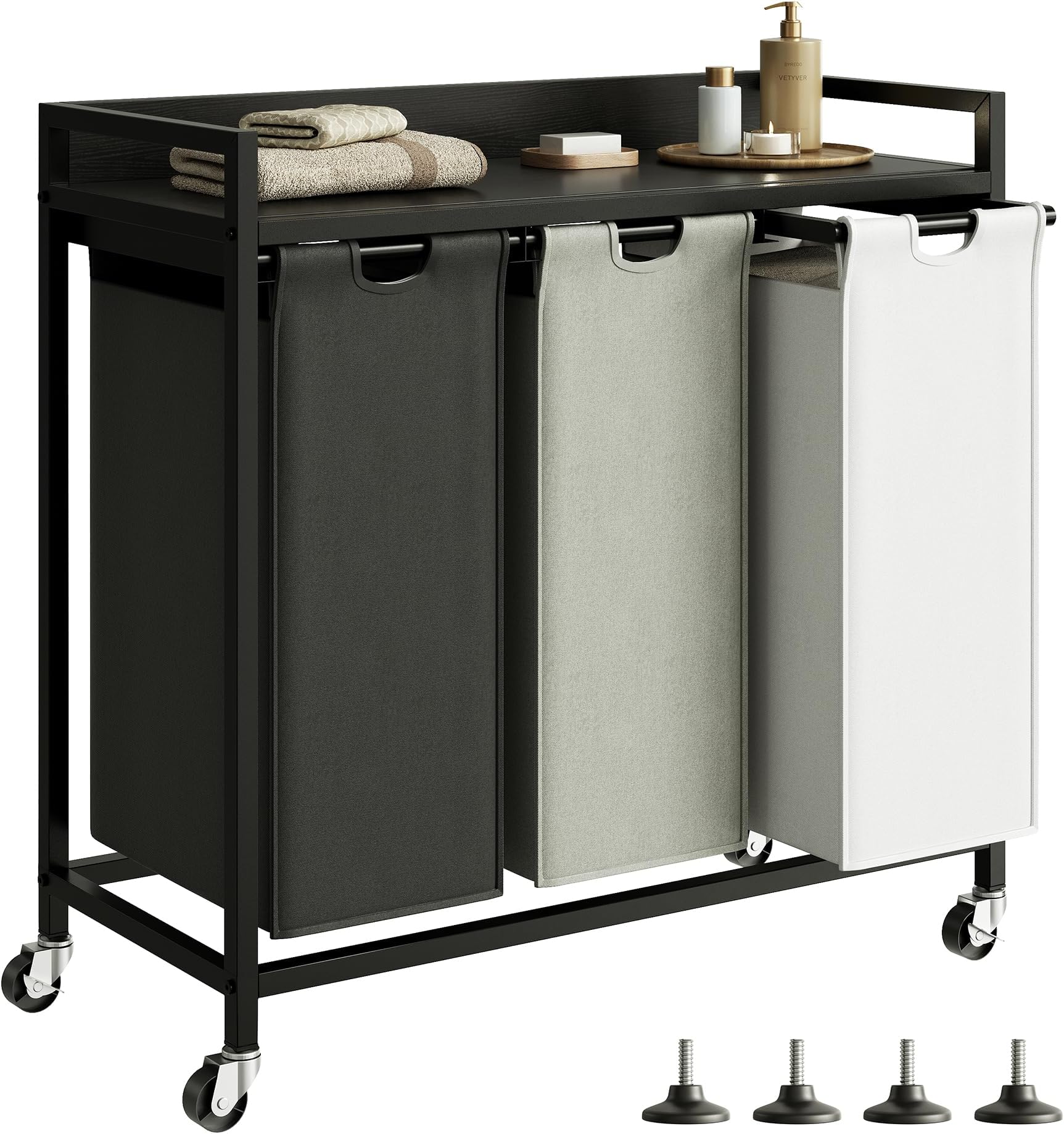 Herture Laundry Hampers with Shelf, Laundry Basket 3 Section, Laundry Sorter with Pull-Out Removable Large 3 Color Bags and Movable Wheels, Metal Frame, 3 x 15.87 Gallons (60L), Black PF04XLK