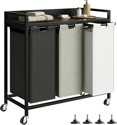 Cestas de ropa sucia con estante, cesto de lavandería de 3 secciones, clasificador de ropa con bolsas grandes extraíbles de 3 colores y ruedas