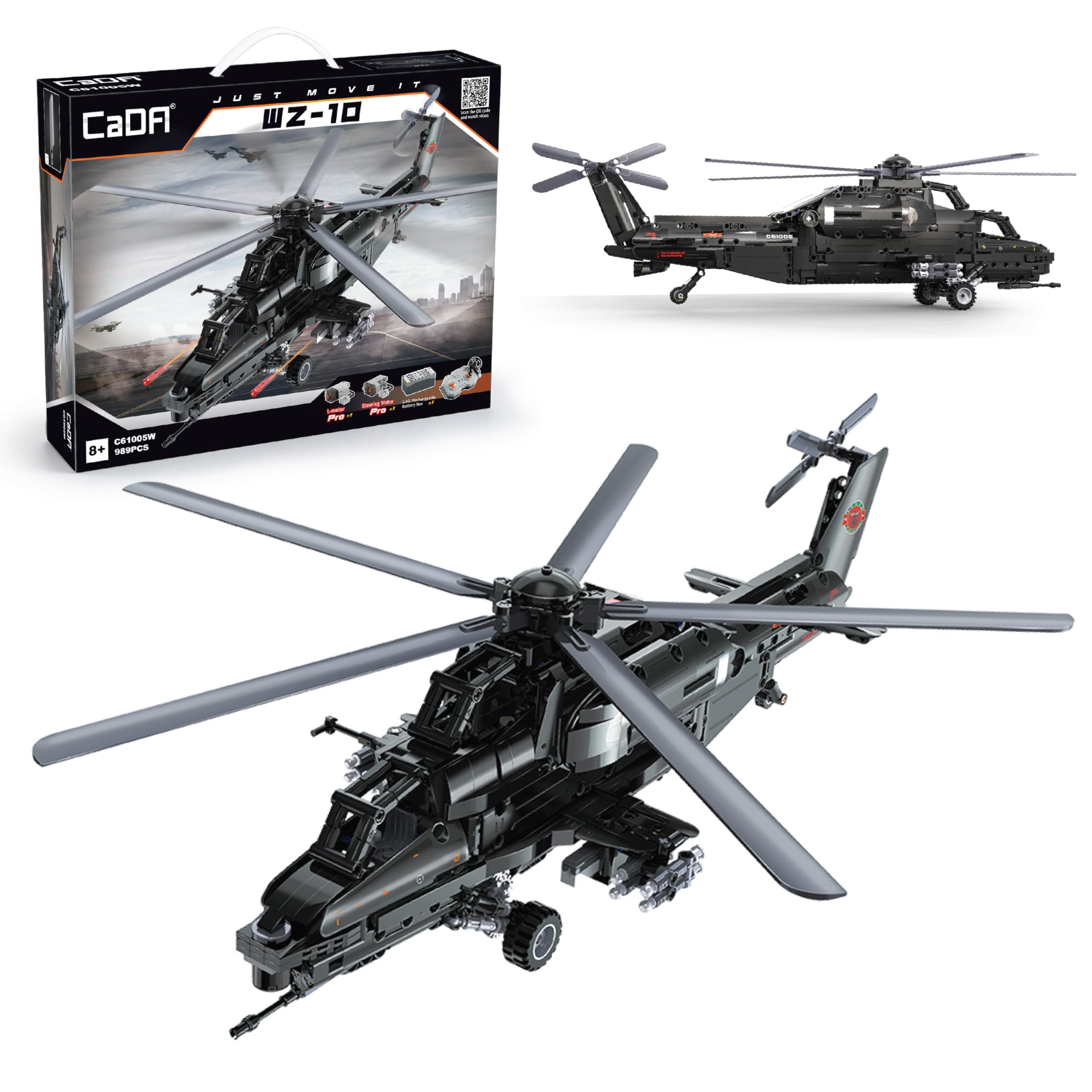 CADA Z-10 Motorized Helicopter Building Kit – 989 Pieces with Rechargeable Battery, Dual…