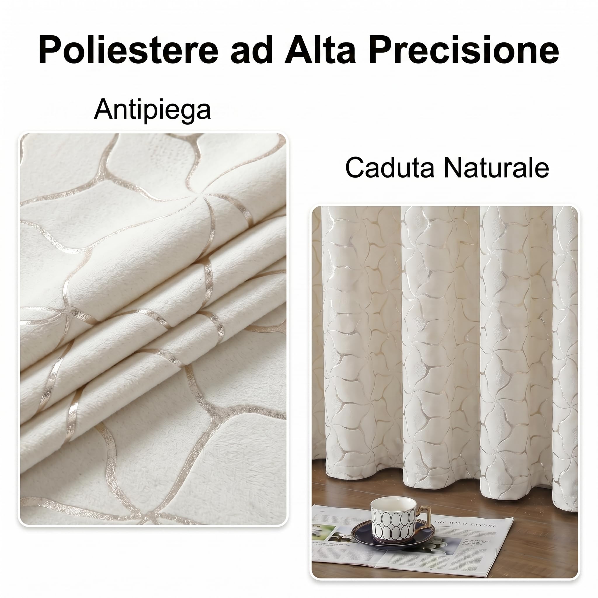 Tende crema dorate con motivo geometrico, H160 x L140 cm, set da 2 pannelli, effetto velluto, tende oscuranti 75-80%, occhielli metallici 4 cm, soggiorno camera ufficio