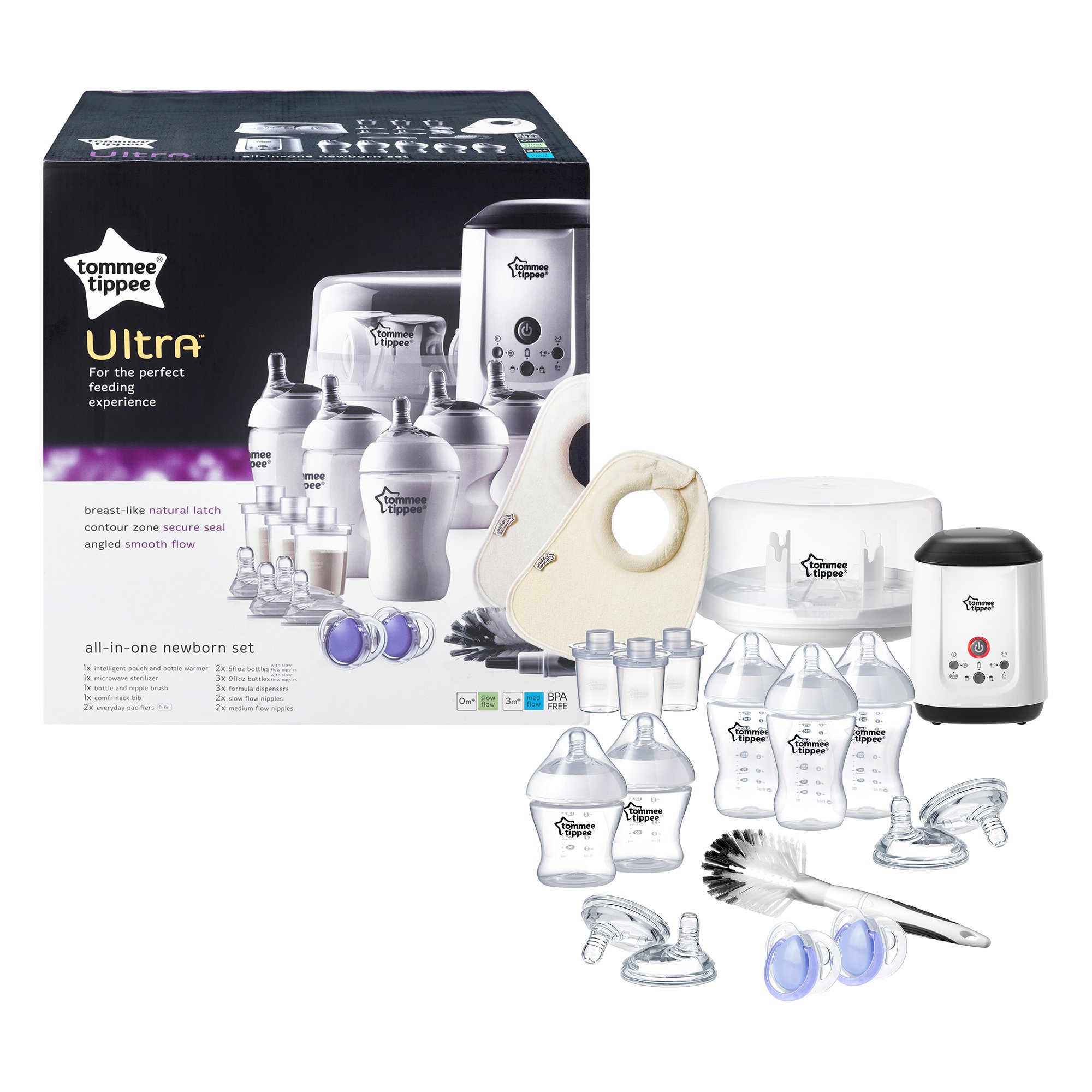 Tommee Tippee Juego de regalo para recién nacido, incluye esterlizador, bolsas, calentador de botellas, cepillo para biberón y pezón, babero, chupetes - sin BPA