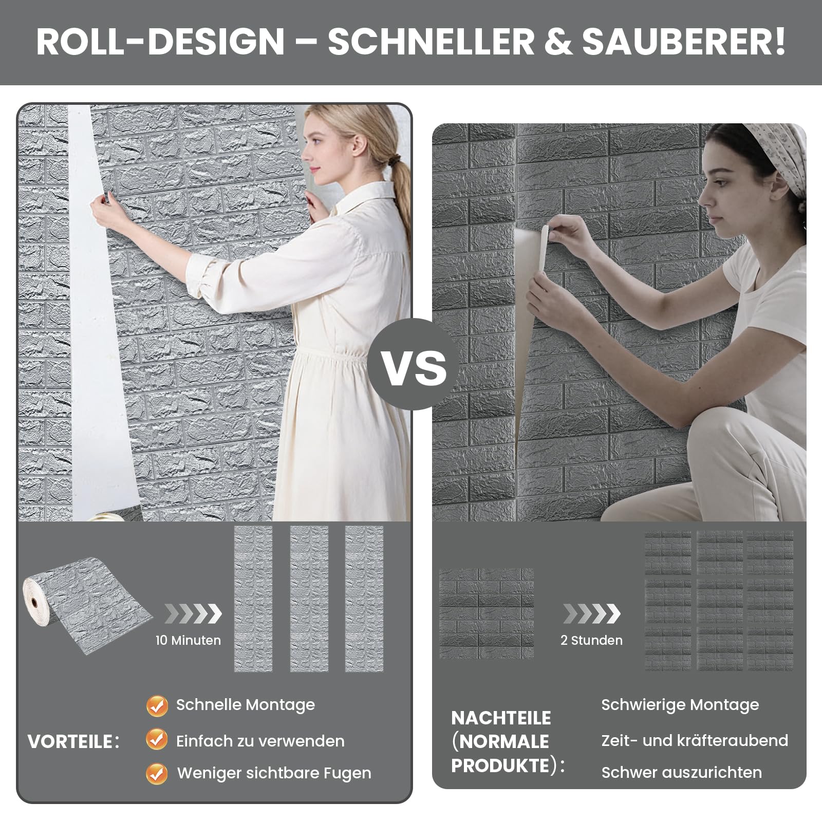 3D Wandpaneele Selbstklebend 70 cm x 10 M - Tapete Steinoptik Tapete Ziegel, Wasserdicht Wandaufkleber Ziegelstein, Wandtapete für Küche Schlafzimmer, Hintergrund TV (Grau, 10 M)