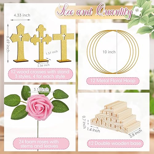 Miniatura 8 de Wesiti 48 piezas de centro de mesa de bautismo, decoración de bautismo para mesa, 12 cruces de madera, 12 centros de mesa de aro floral de metal con
