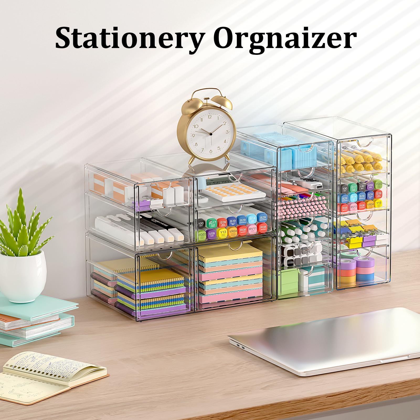 SortNStore Organiseur de Bureau à 16 tiroirs: Lot de 4 avec Patins Antidérapants | Boîte Empilable pour Cosmétiques, fournitures de bureau, outils et blocs de construction
