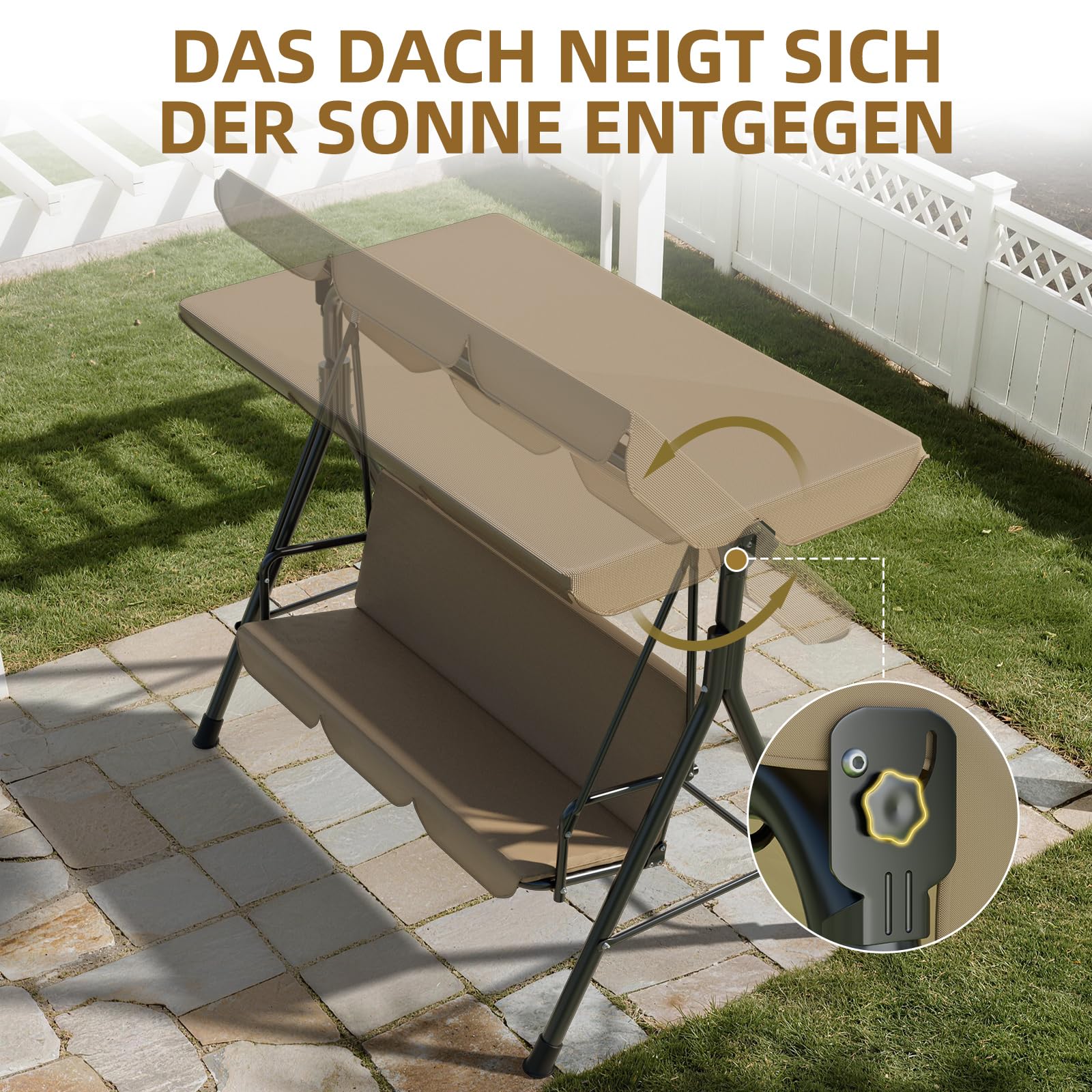 Soontrans Dondolo a 3 posti per pomeriggio rilassato in giardino, altalena da giardino con cuscino imbottito e tettuccio parasole regolabile, in acciaio e tessuto textilene (193 x 110 x 152 cm