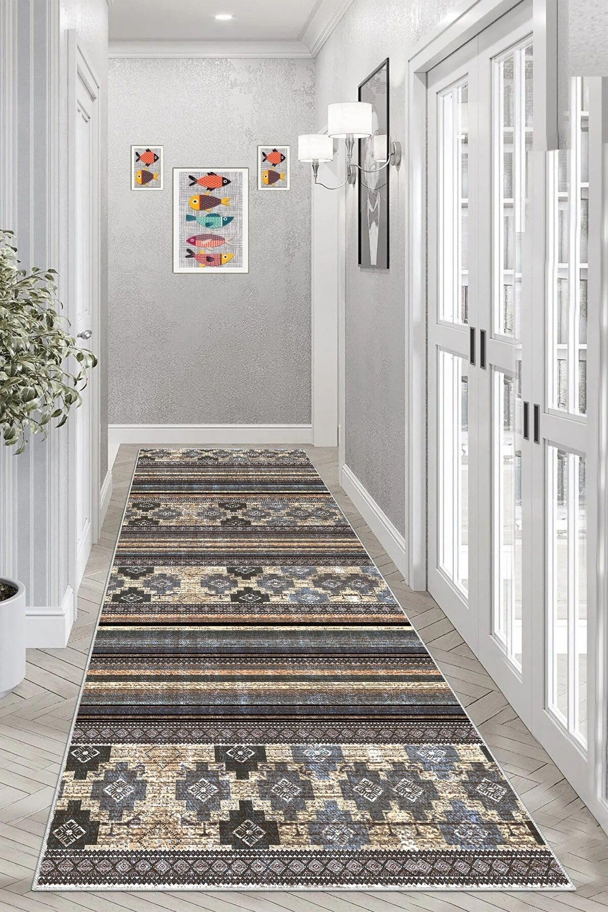 Pelangi Geometrik Desenli Dijital Baskı Yıkanabilir Kaymaz Taban Etnik Kilim Desen Salon Halısı ve Yolluk, Mor-Bej 80 x 200, 955575915802007