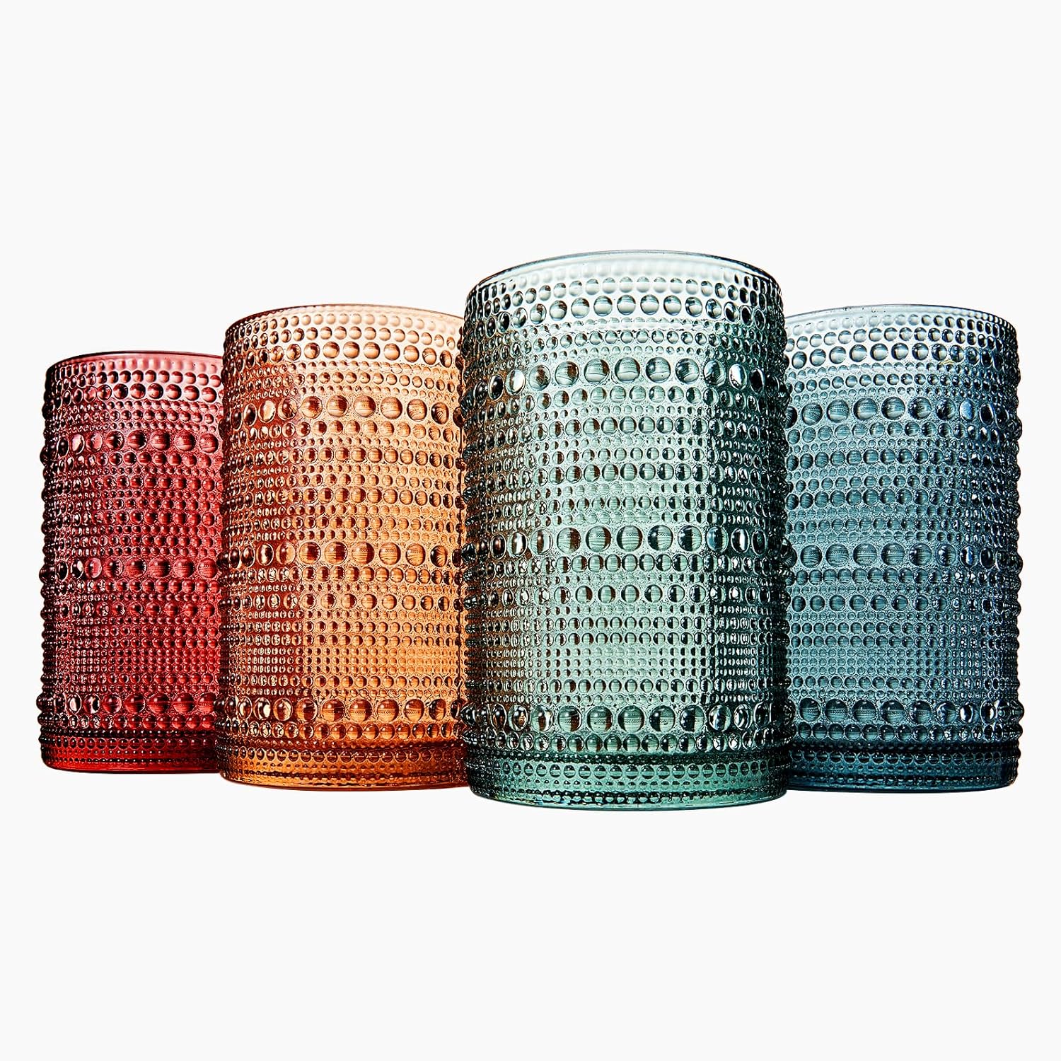 Vintage Hobnail Beaded Highball Drinking Glasses | Set of 8 | Muted Color, Hobnails Glass 14oz &11oz Muted Bubble Design Glassware - Old-Fashioned, Embossed Glass for Water, Wine, Whiskey, Cocktail