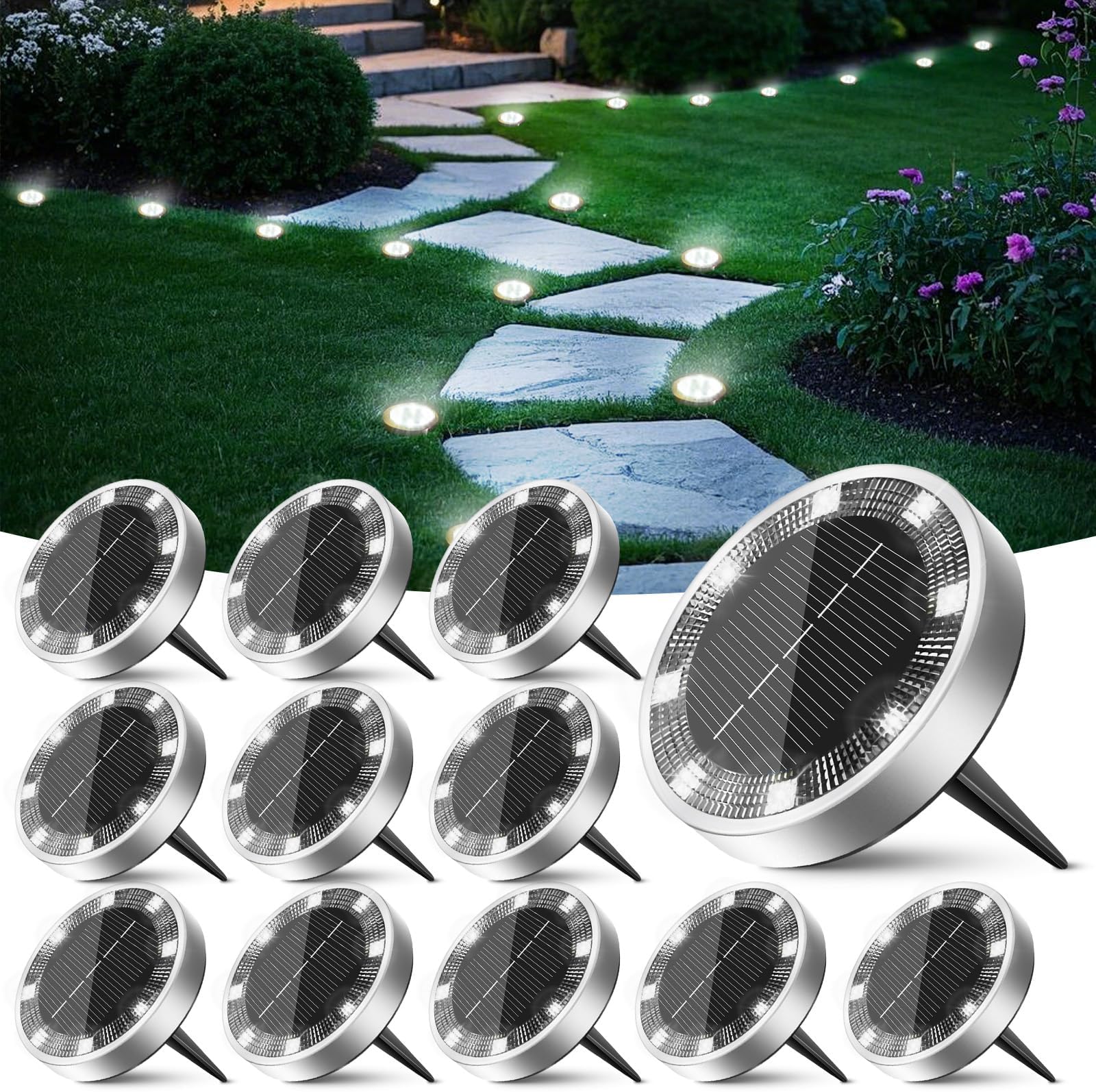 CREATESTAR Luci Solari Per Pali Da Esterno 2 Pezzi - Luce Calda LED, Impermeabile IP65, Pannello Solare, Facili Da Installare Su Recinzione, Mazzo, Ponte, Giardino