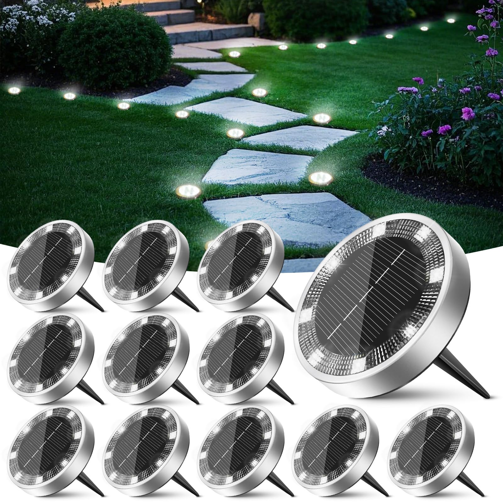 Peasur 12 Packs Solar Lights LED Outdoor Garden Ground, 8 LED Solar Light Outdoor Garden, IP65 Waterproof Solar Lights for Patio, Path, Lawn, Cool White - 2