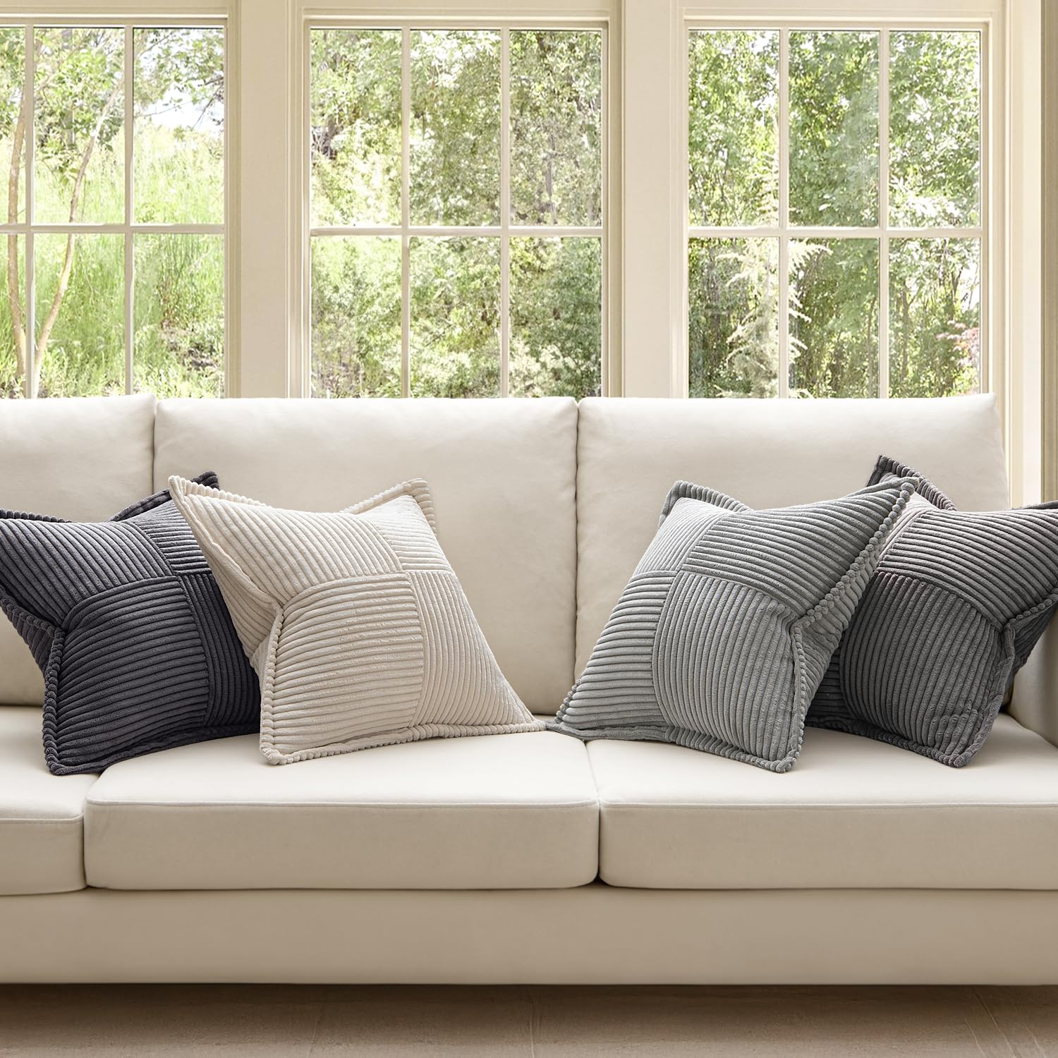 MIULEE Funda de Cojines para Sofá 45x45 cm Funda de Almohada de Corduroy Súper Suave Cojin de Pana a Rayas Decoración Moderna para Sofá Silla Cama Sala de Estar Dormitorio 4 Piezas Serie Gris