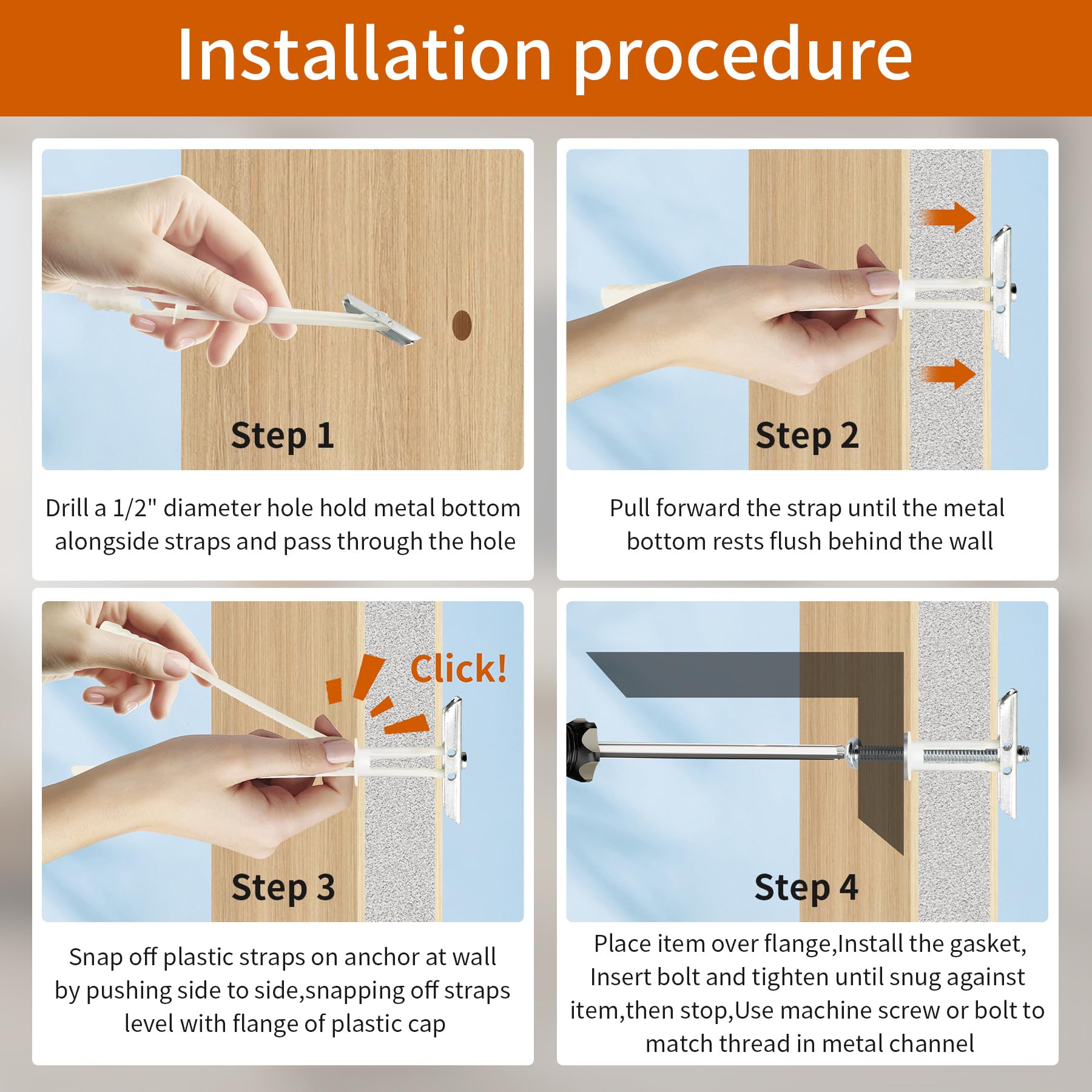 Anclajes resistentes para paneles de yeso con tornillos y arandelas de 1/10.2 cm-20, 100 unidades, anclajes de pared de metal con pernos, soporta hasta 270 libras, ideal para paneles de yeso, hormigón