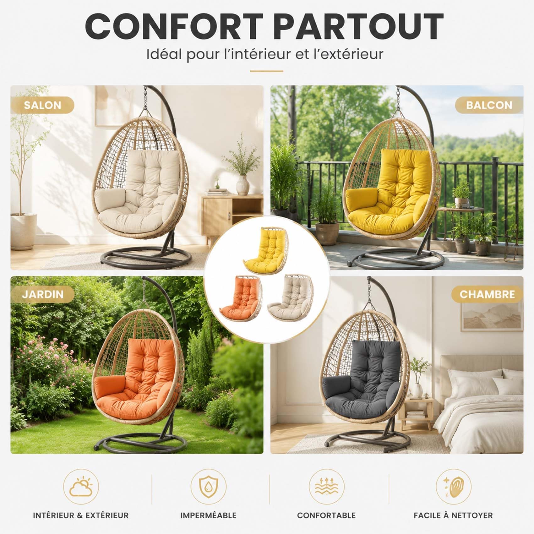 Coussin de fauteuil suspendu Imperméable Lavable, Oreillers De Oeuf balancelle suspendue, Coussin de jardin pour chaise à bascule, Pour Terrasse Et Balcon, Chaises Suspendues, Paniers Suspendus(K)