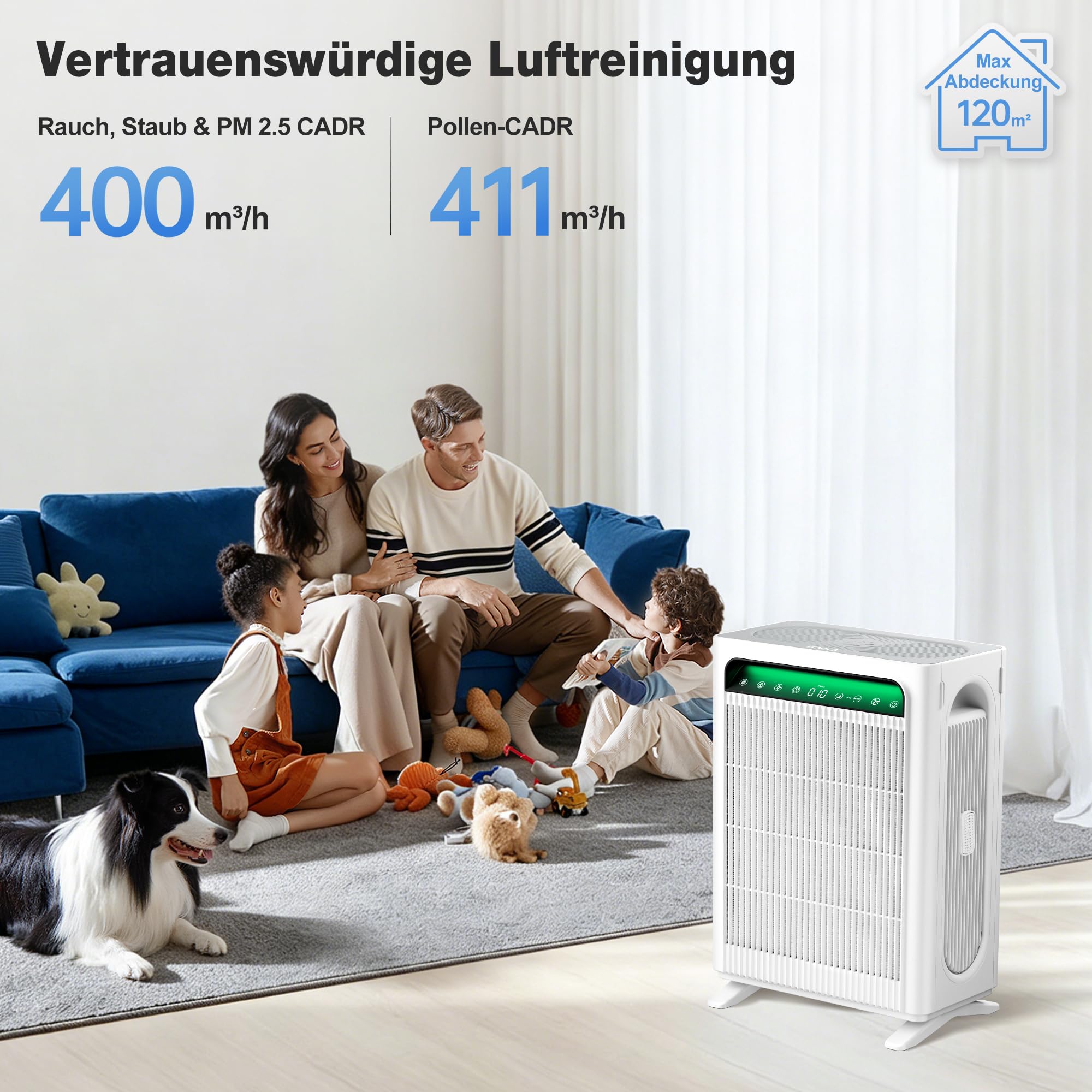 KNKA Luftreiniger für Raucher & Haustiere, CADR 400m³/h, bis 120m², Weiß | entfernt 99,97% Pollen/Gerüche/Staub,Doppeltes HEPA-Filtersystem, Smart Sensor, Air Purifier gegen Rauch & Tierhaare, APH4000