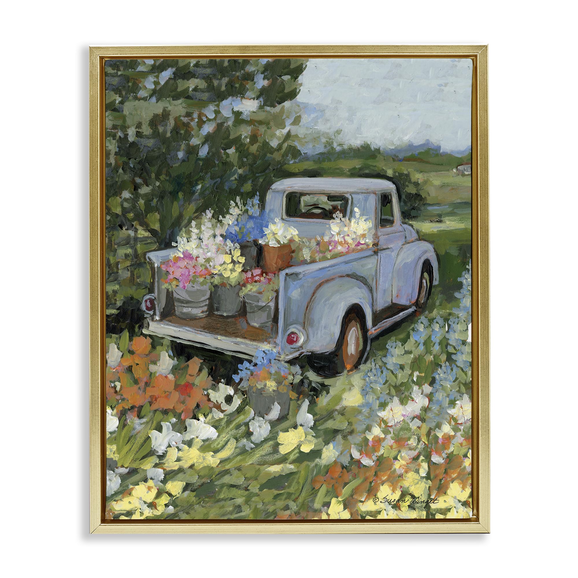Stupell Industries Metallic Gold (Matte) 'Truckin' Field With Flowers', Floating Frame Canvas Art, Gold, 25 X 31 Inches, Easy To Hang And Sturdy, Made In Usa, By Susan Winget