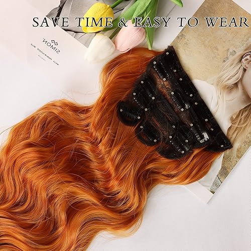 Miniatura 4 de NAYOO Extensiones de cabello con clip para mujer, 20 pulgadas, largo, ondulado, rizado, naranja jengibre, extensión de cabello sintético de cabeza
