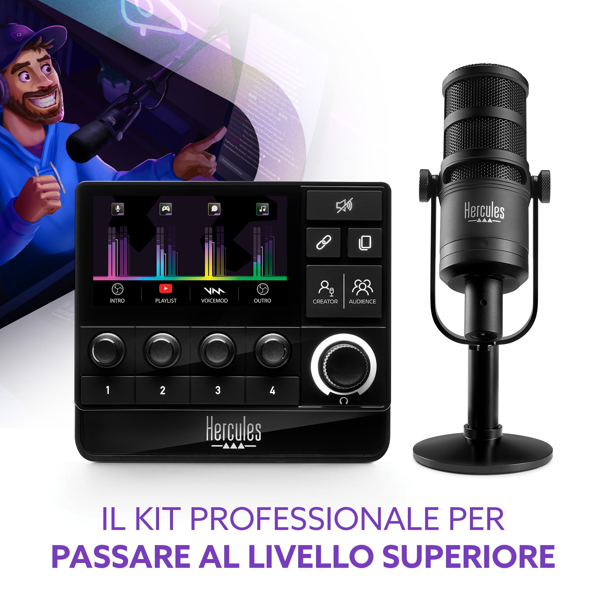 Hercules Stream Essentials Kit - Stream 200 + microfono XLR | Controller Stream 200 XLR con LCD 4,3 pollici, submix Creator/Audience, microfono XLR HXD-700, Voicemod Pro