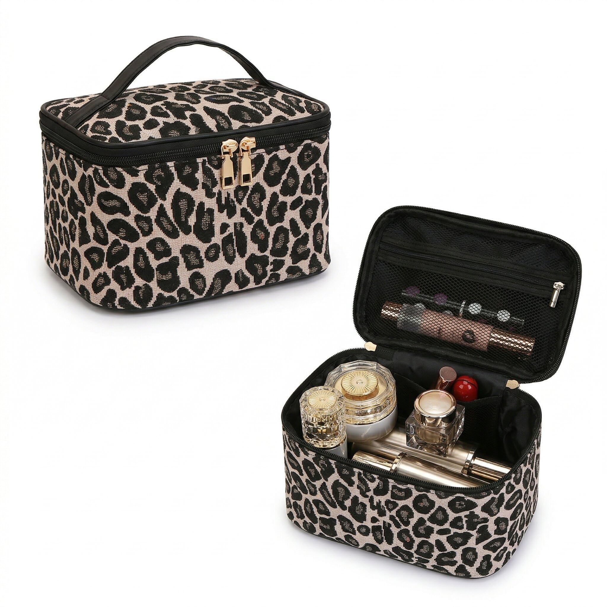Beauty Case Donna Leopard Organizer Viaggio Waterproof Beauty Case Portatrucchi Polyester con Maniglia per Viaggio Nero
