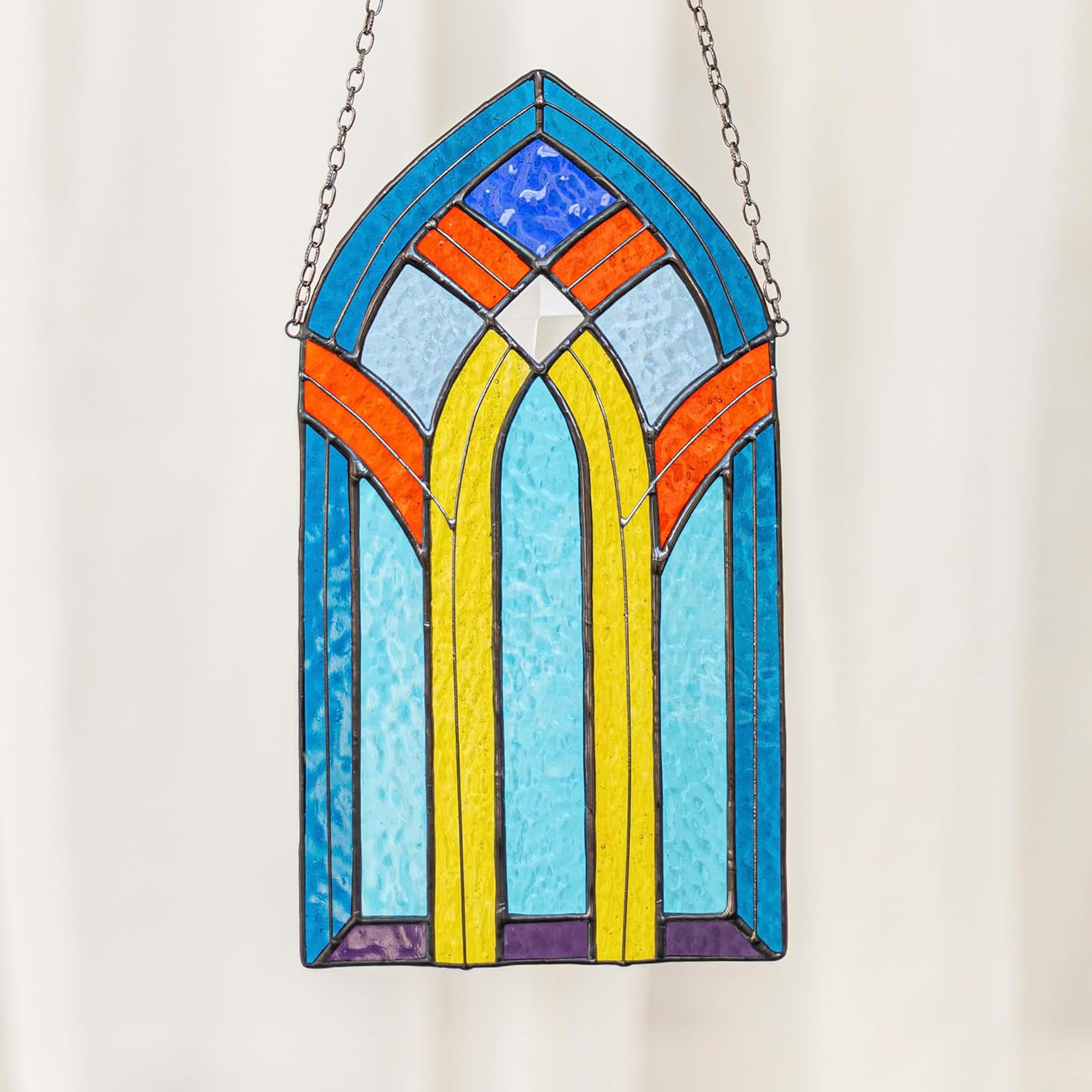 Gothic Arch Stained Glass Window Panel – Vibrant Suncatcher & Unique Home Decor – Handmade Glass Art, Perfect for Mother’s Day or Housewarming Gifts (Blue)