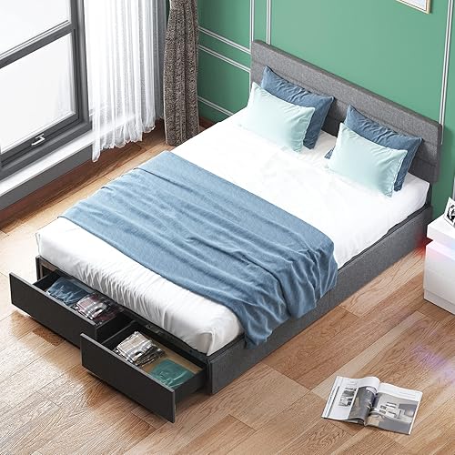 ZAFLY Base de cama California King con 2 cajones de almacenamiento plataforma tamaño California King con cabecera de lino base de colchón de