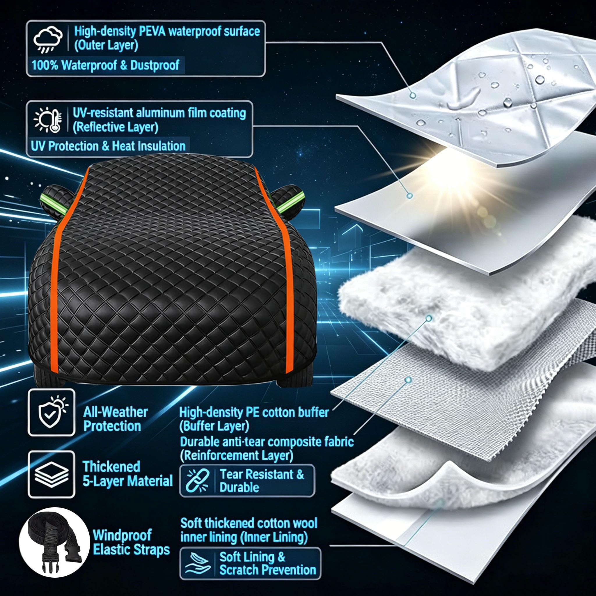 Telo Copriauto Antigrandine Imbottito per Mini Cooper Cabrio R57,Copertura Auto Antigrandine Impermeabile E Resistente Anti UV Antipolvere Vento,con Strisce Riflettenti