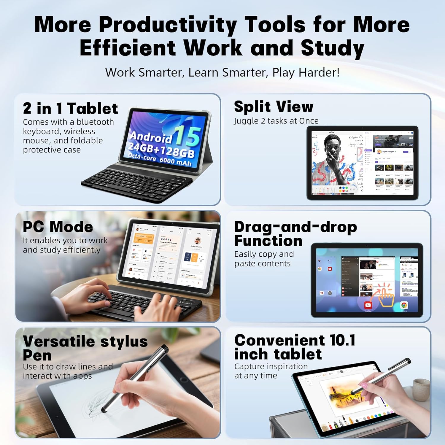 Android 15 Tablet 10 inch,24GB RAM 128 ROM,Tablets with Keyboard Mouse Stylus,1TB Expandable,Octa-Core 6000mAh 1280x800 IPS HD,5G WiFi,T615 CPU,High Performance,Processor,Dual Camera(Blue) - Image 6