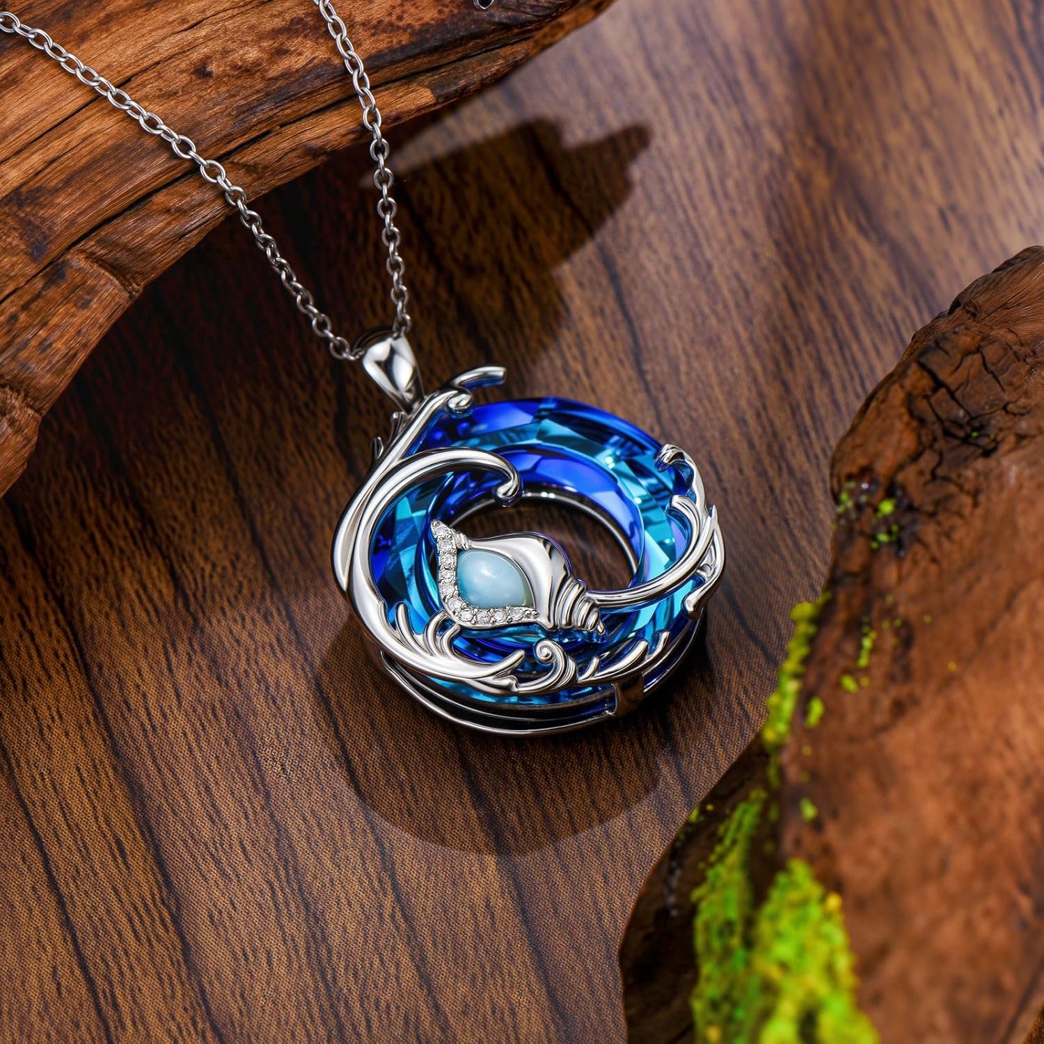 Wave Conch Necklace 925 Sterling Silver Conch Blue Crystal Pendant with Larimar Ocean Crystal Jewelry Anniversary Birthday Christmas Gifts for Women Mom Her - Image 5