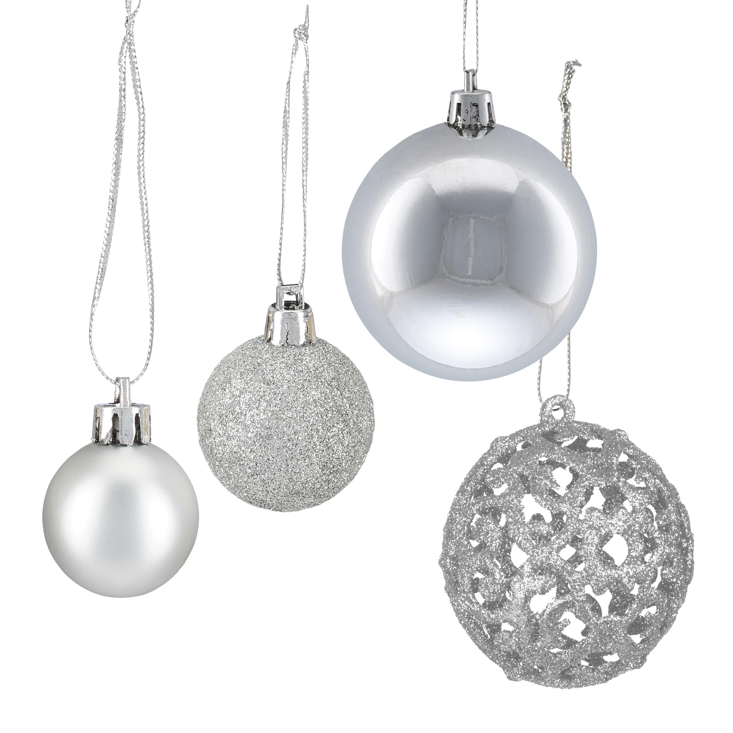 Relaxdays 150x Boules de Noël, Paillettes, Mates, Brillantes, déco Sapin, Plastique, diamètre 3, 4 et 6 cm, argentées