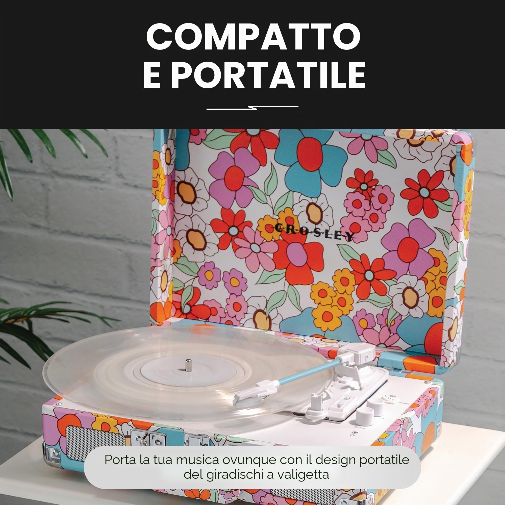 Crosley Cruiser Plus Giradischi con 2 altoparlanti, Bluetooth In & Out e Aux 3 Speed Retro Giradischi – per vinile da 7", 10" e 12" – Portatile con custodia integrata – Groovy Flowers